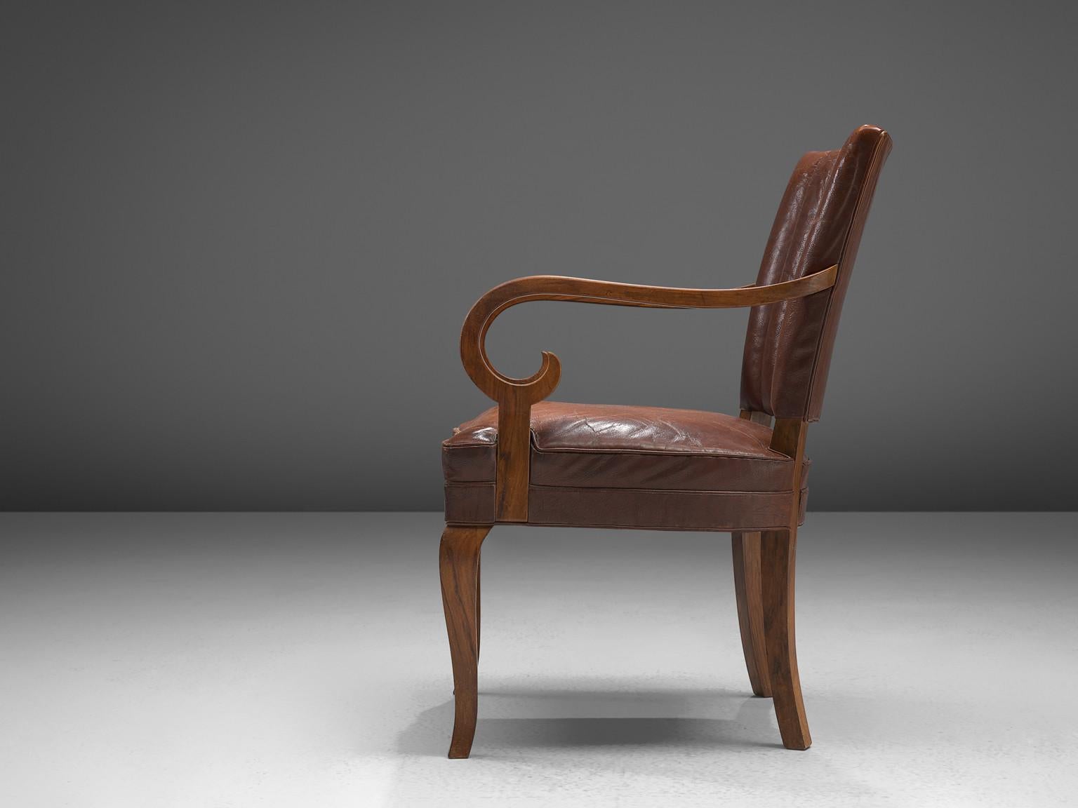 Scandinavian Modern Danish Armchair in Original Leather and Walnut For Sale