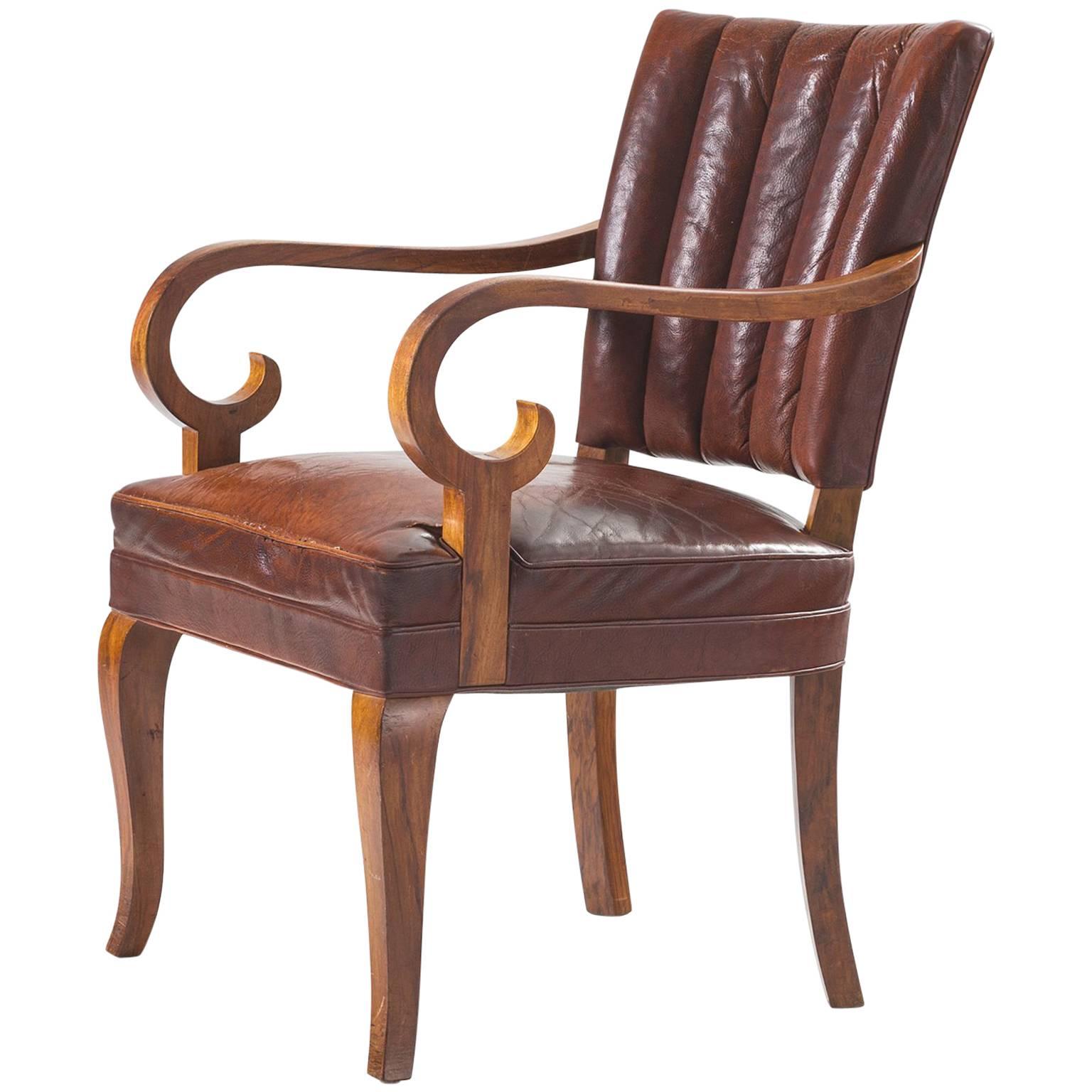 Danish Armchair in Original Leather and Walnut For Sale