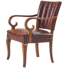Danish Armchair in Original Leather and Walnut