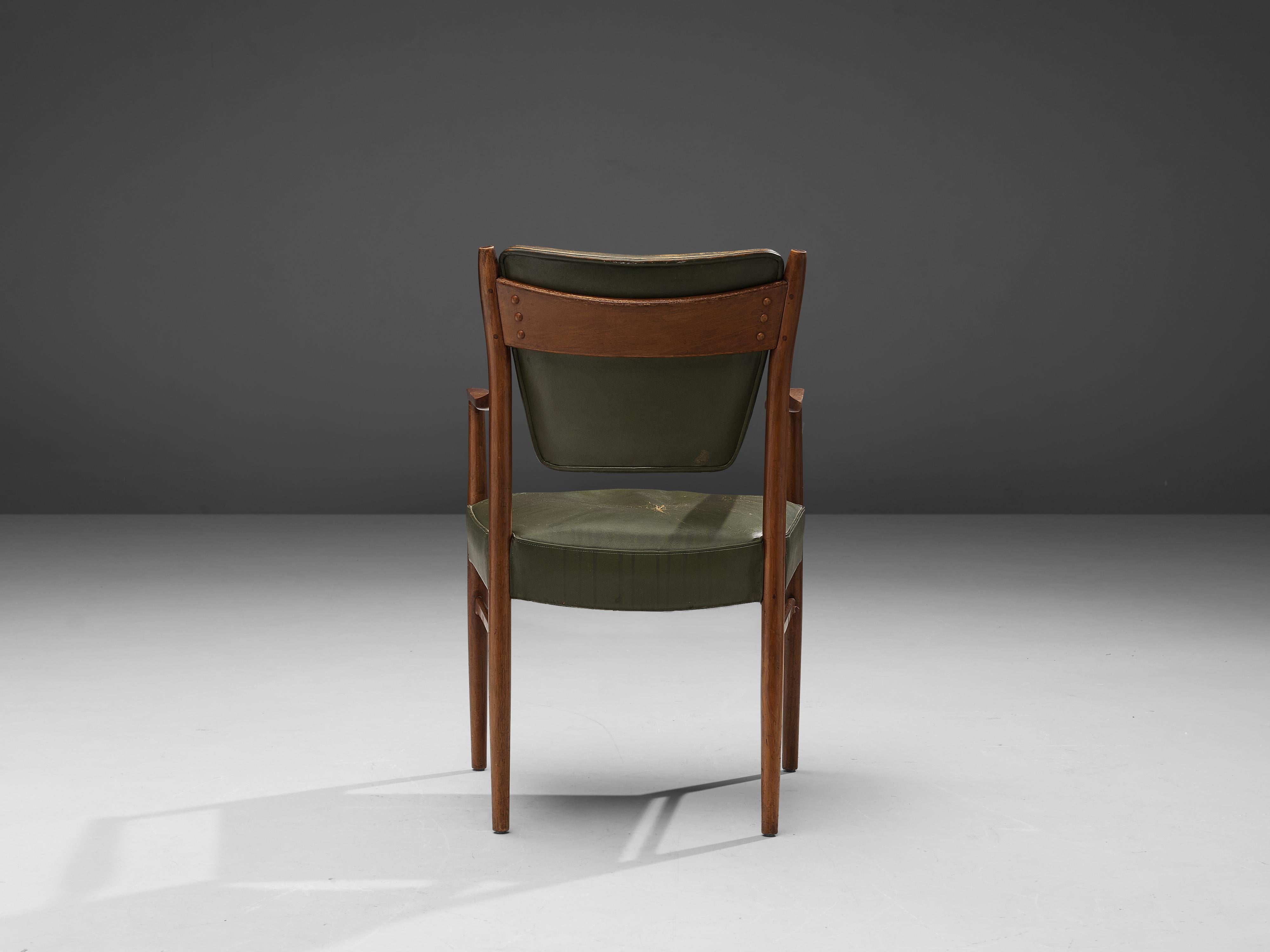 Mid-20th Century Danish Armchair in Original Olive Green Leather