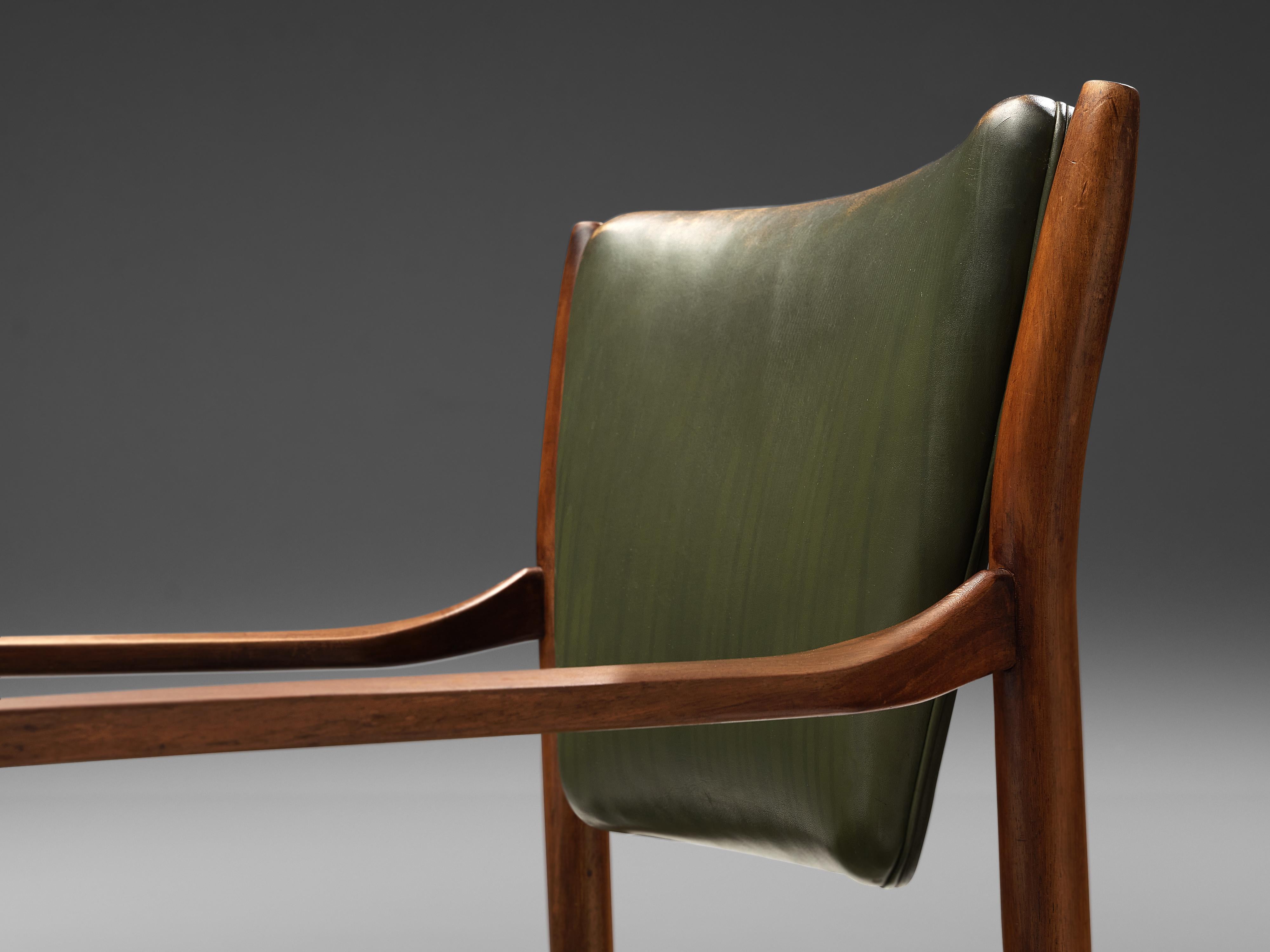 Walnut Danish Armchair in Original Olive Green Leather