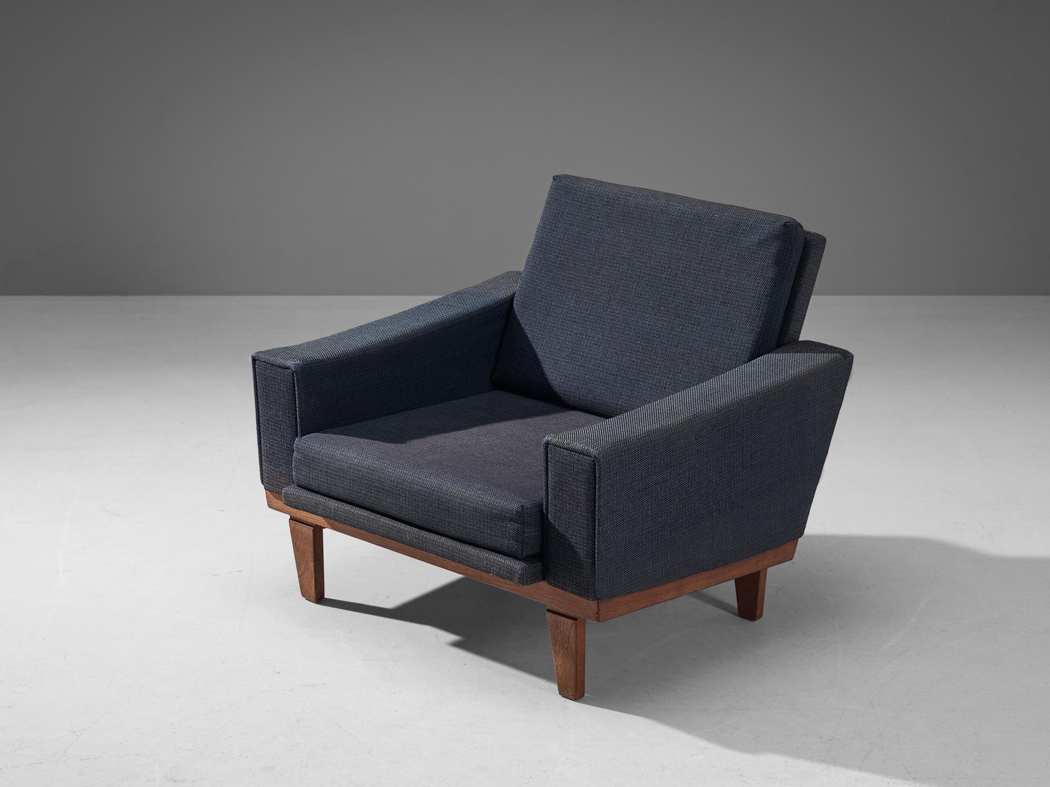 Scandinavian Modern Danish Armchair in Teak and Blue Upholstery For Sale