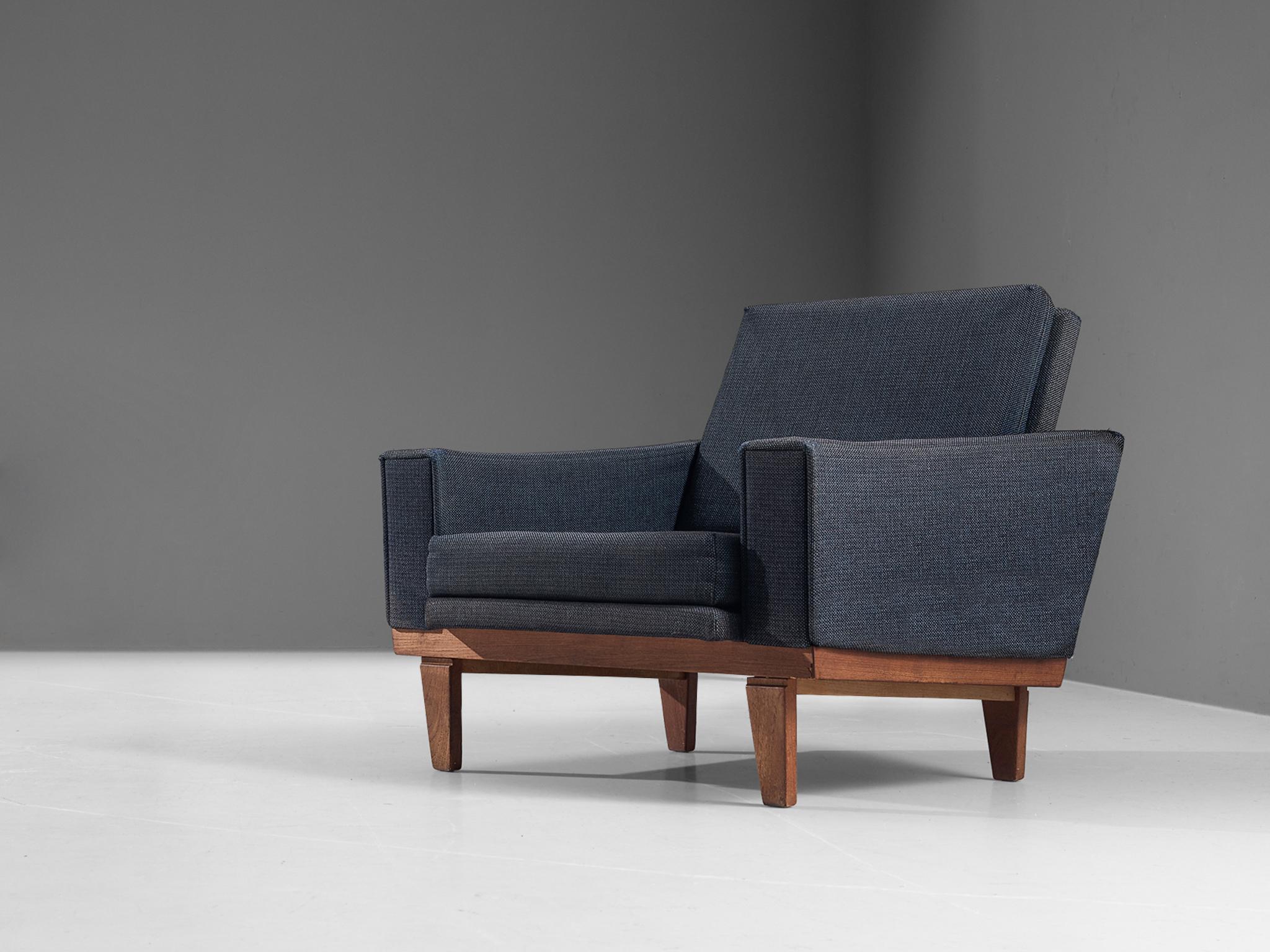 Mid-20th Century Danish Armchair in Teak and Blue Upholstery For Sale