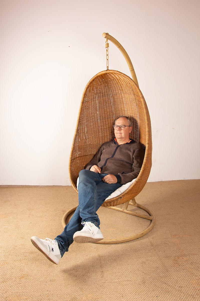 Poltrona danese in rattan intrecciato, con supporto in metallo, attribuita a Nana Ditzel. in vendita 8