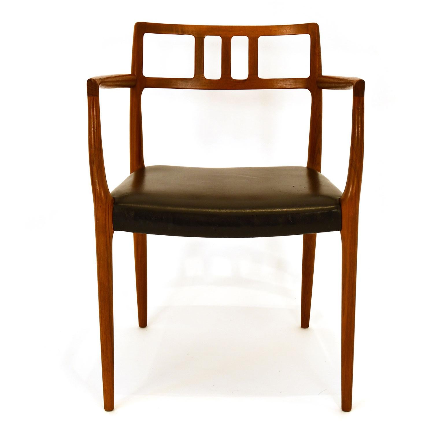 Niels Moller Teakwood model 64 armchair, designed in 1966 by Niels Moller and produced by his own company: J.L. Moller Mobelfabrik in Denmark. The frame has been professionally restored by our workshop and the seat is in the original condition. The