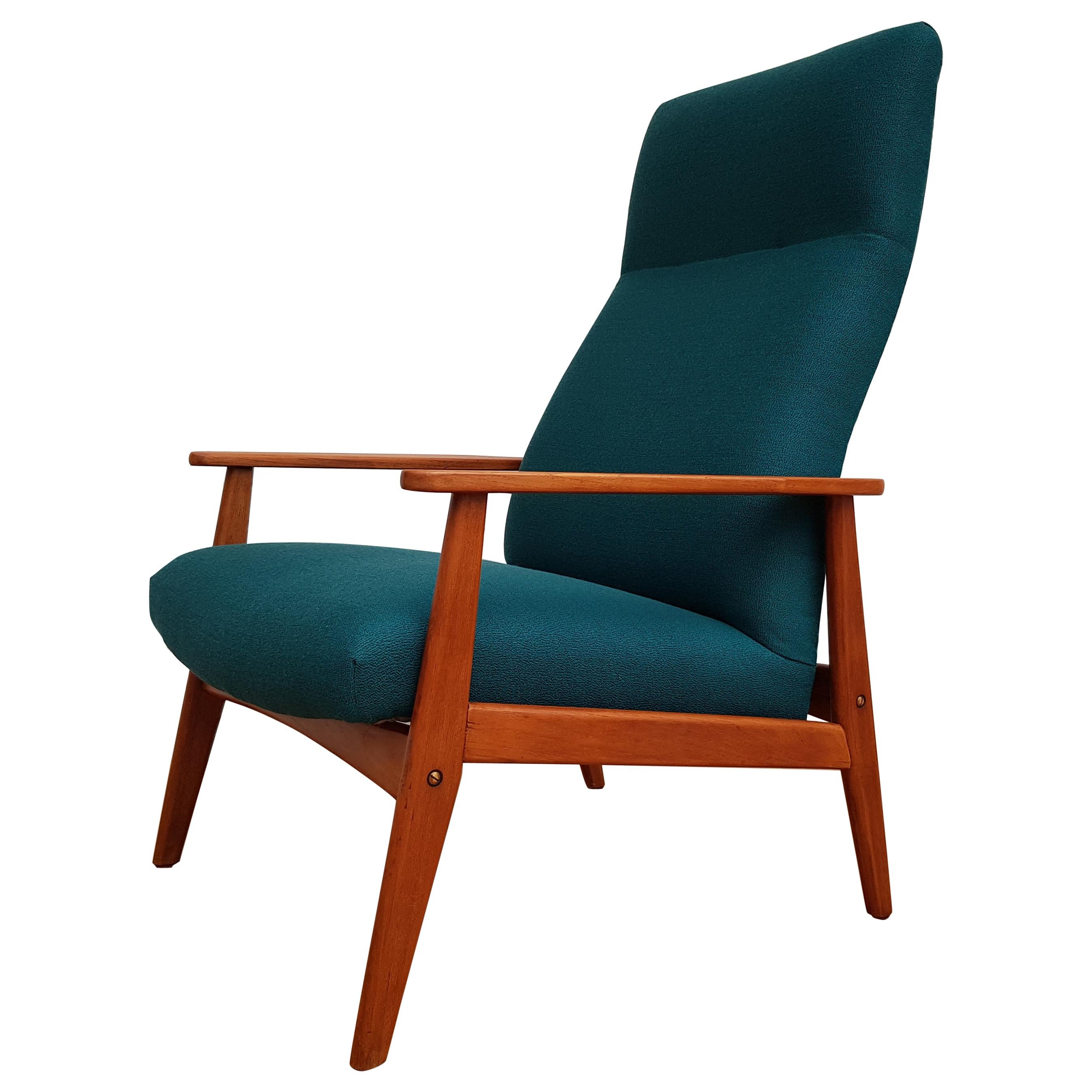 Danish Armchair, Swing Function, Wool, Teak Wood, 1960s, Completely Restored For Sale