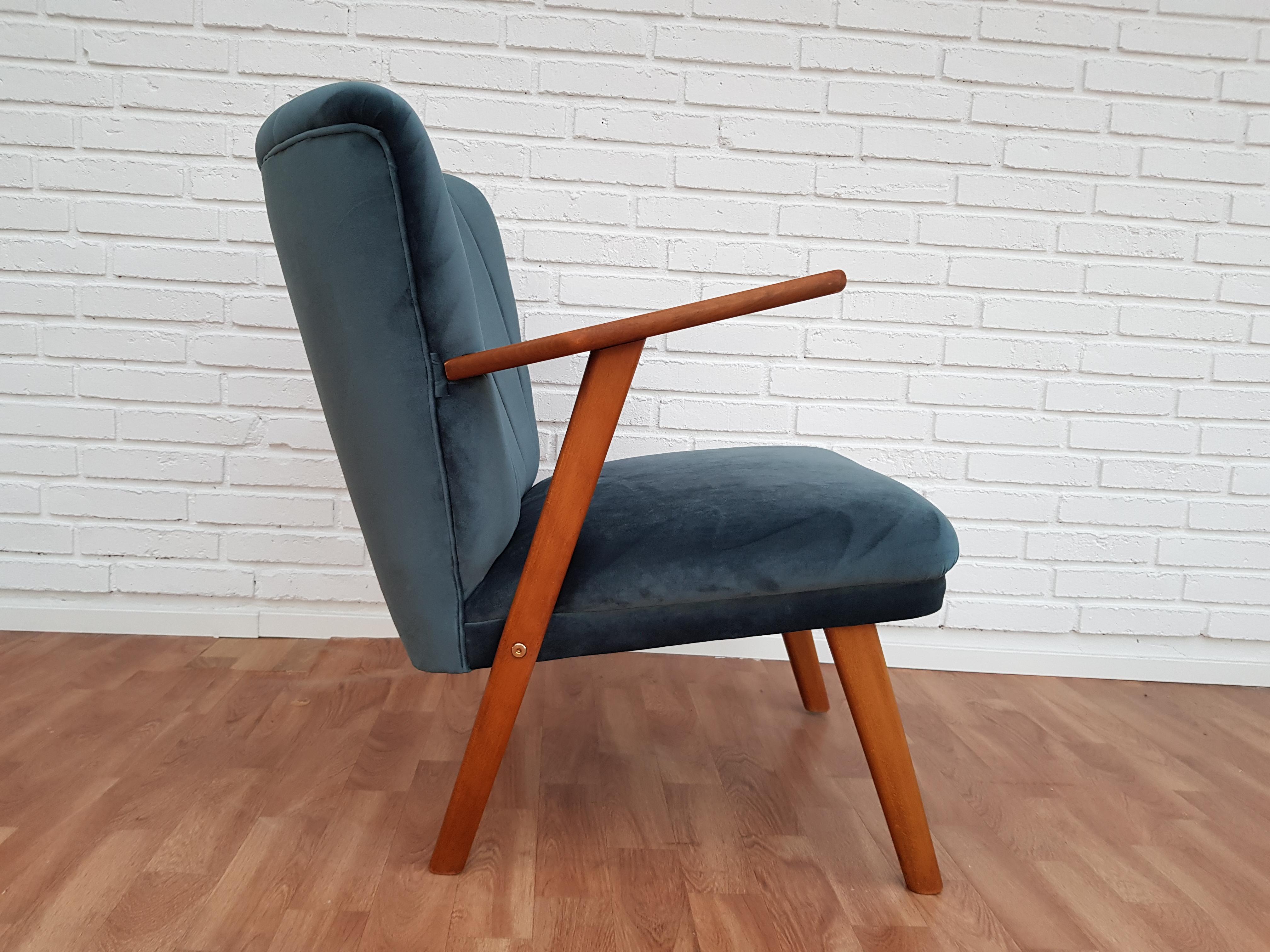 Mid-Century Modern Danish Armchair, Velour, 1960s, Completely Restored For Sale