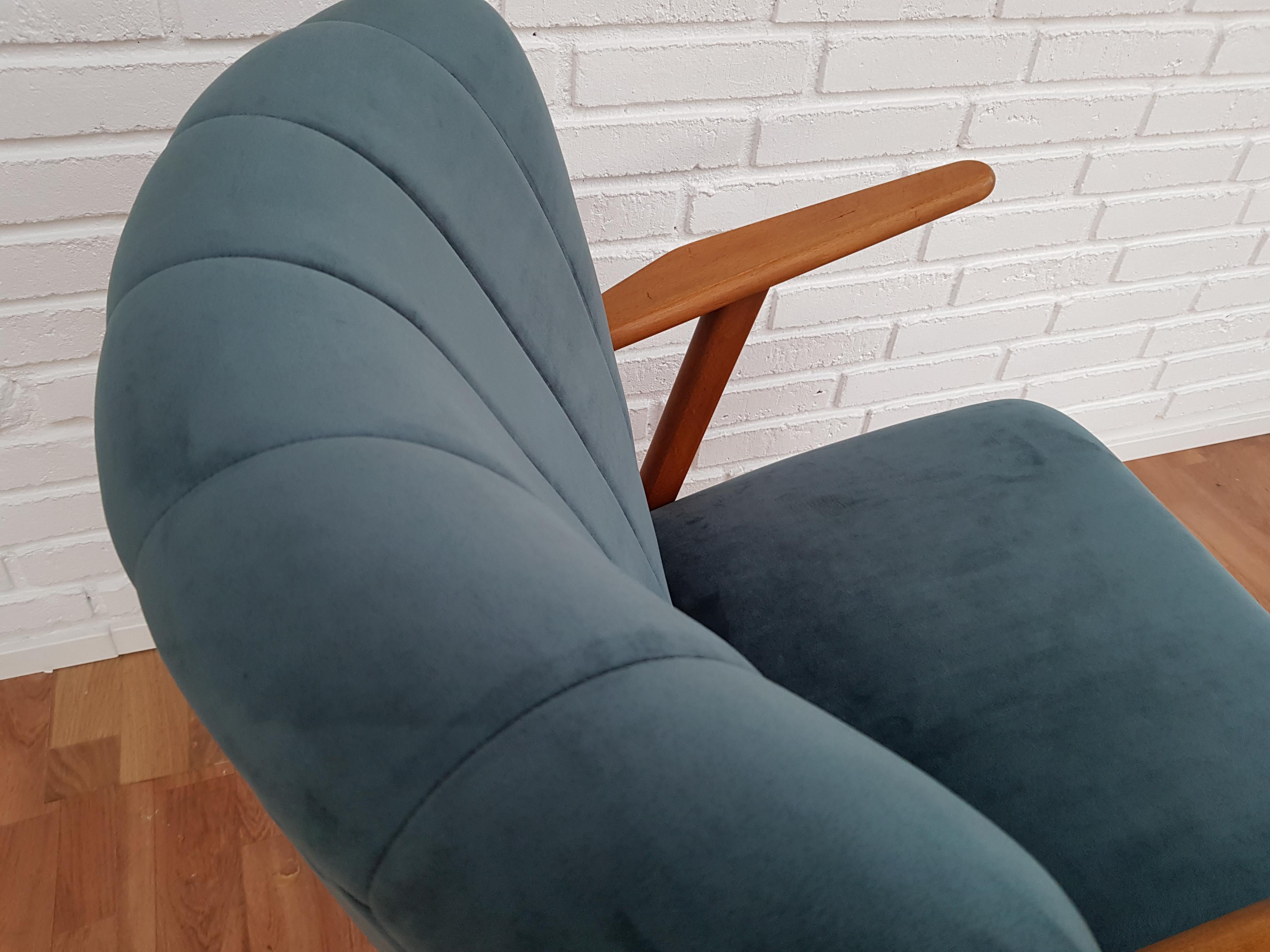 Stained Danish Armchair, Velour, 1960s, Completely Restored For Sale