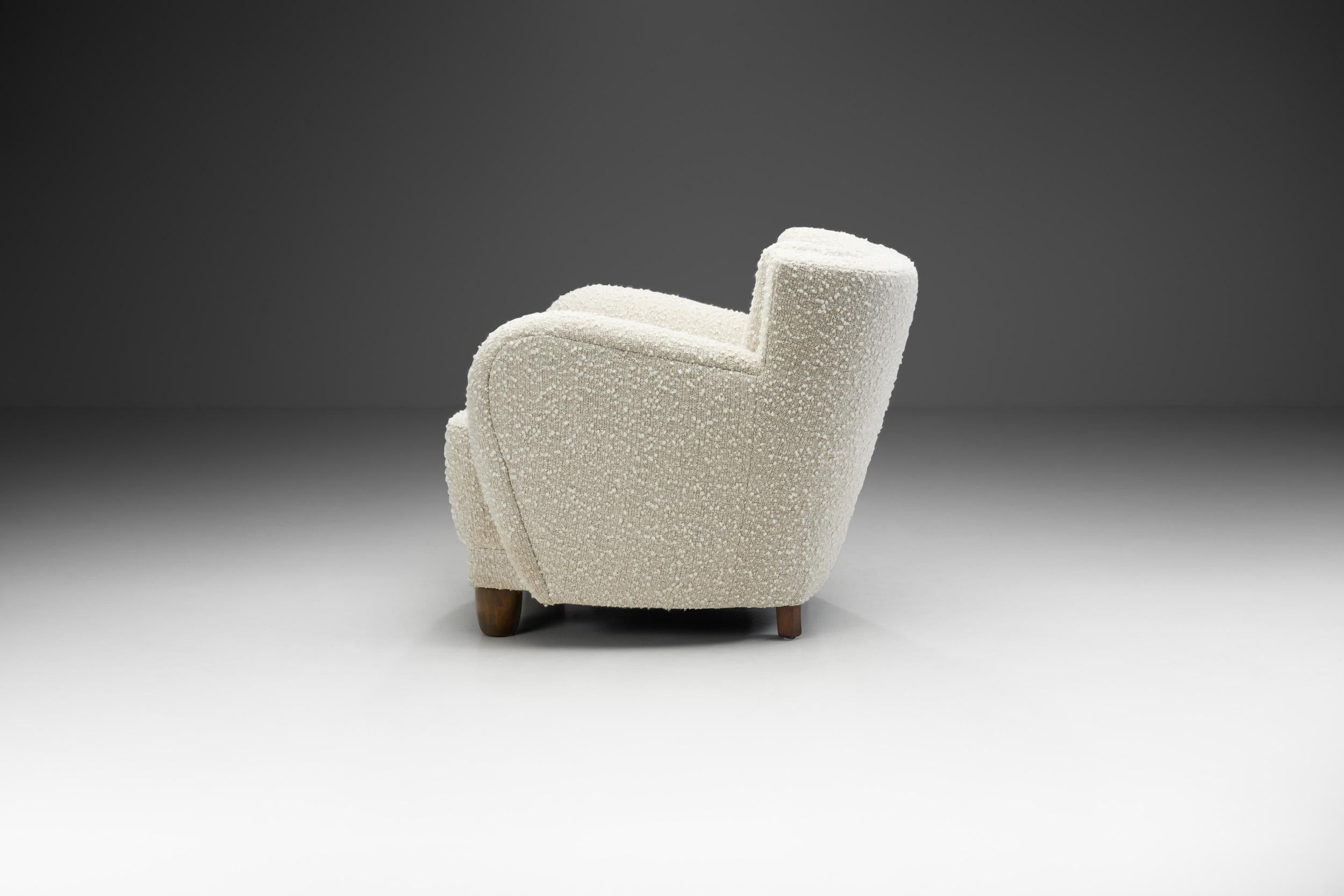 Scandinavian Modern Danish Armchair with Stained Wood Legs and Bouclé Upholstery, Denmark, 1940s