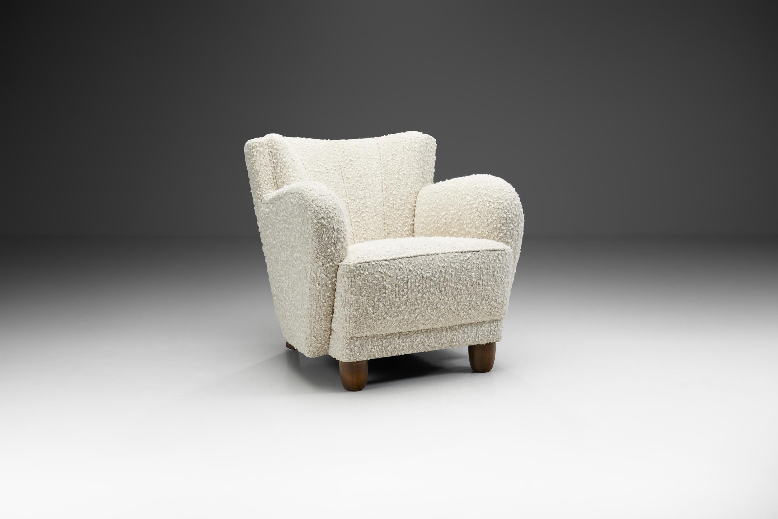 Mid-20th Century Danish Armchair with Stained Wood Legs and Bouclé Upholstery, Denmark, 1940s