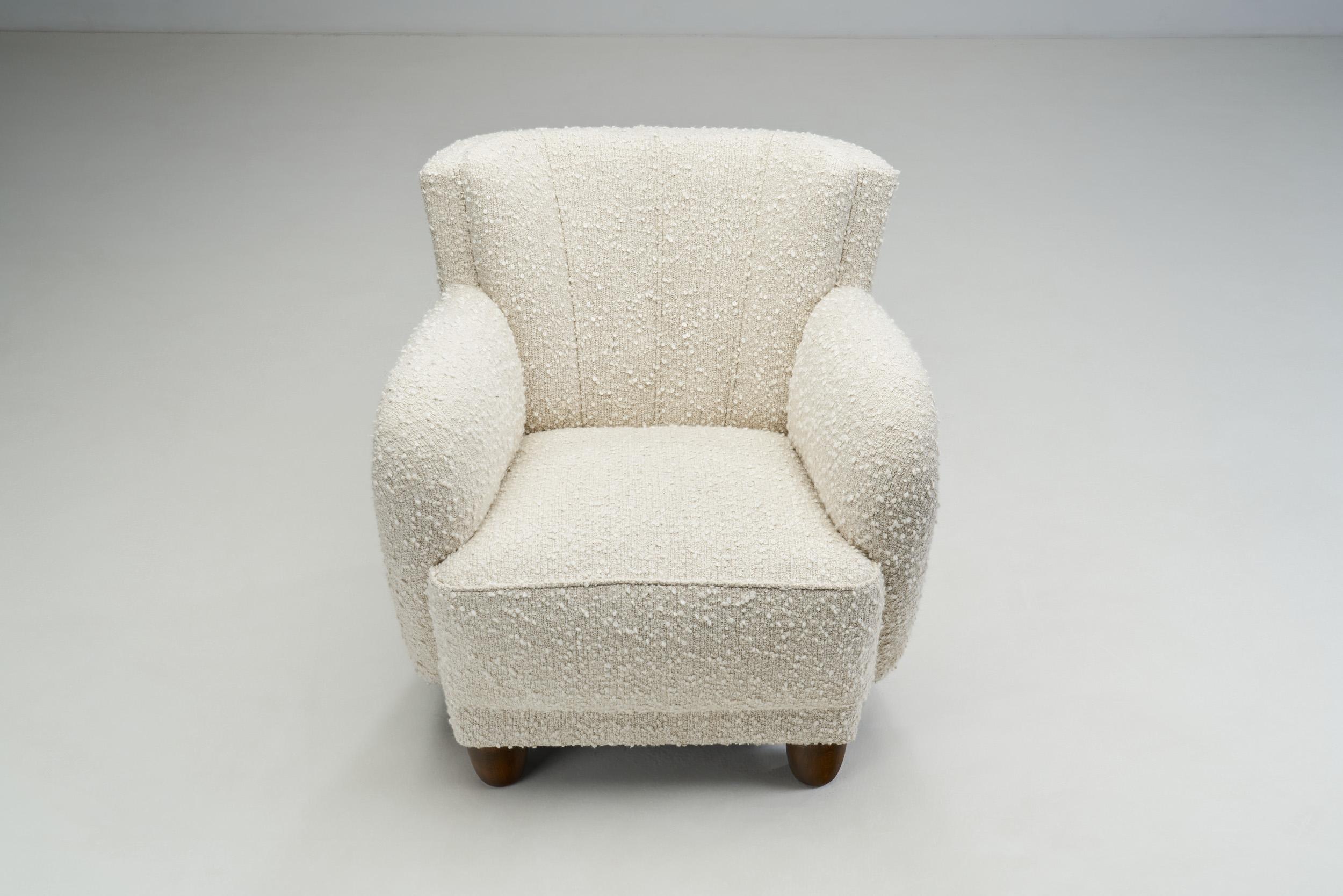Fabric Danish Armchair with Stained Wood Legs and Bouclé Upholstery, Denmark, 1940s