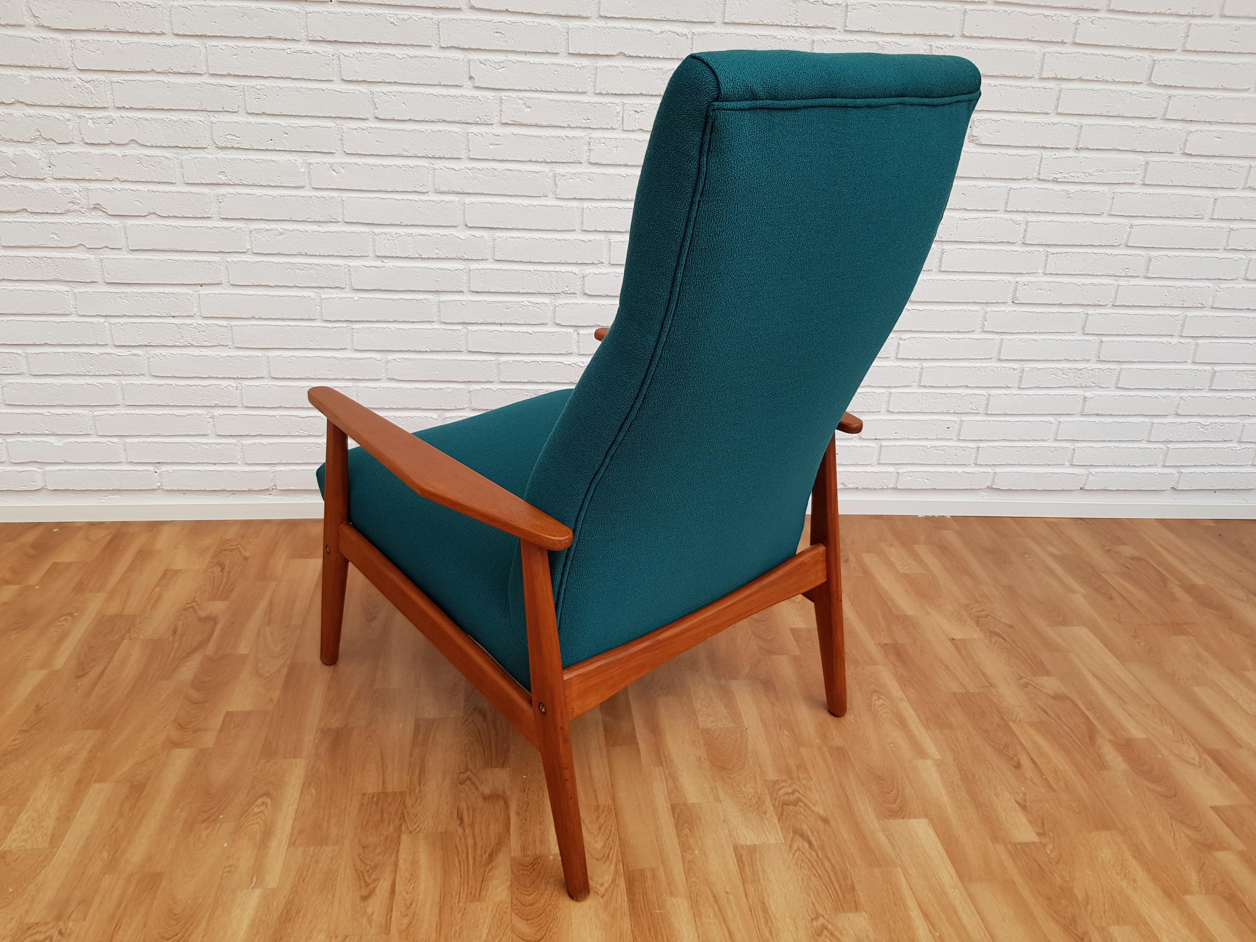 Oiled Danish Armchair, Swing Function, Wool, Teak Wood, 1960s, Completely Restored For Sale