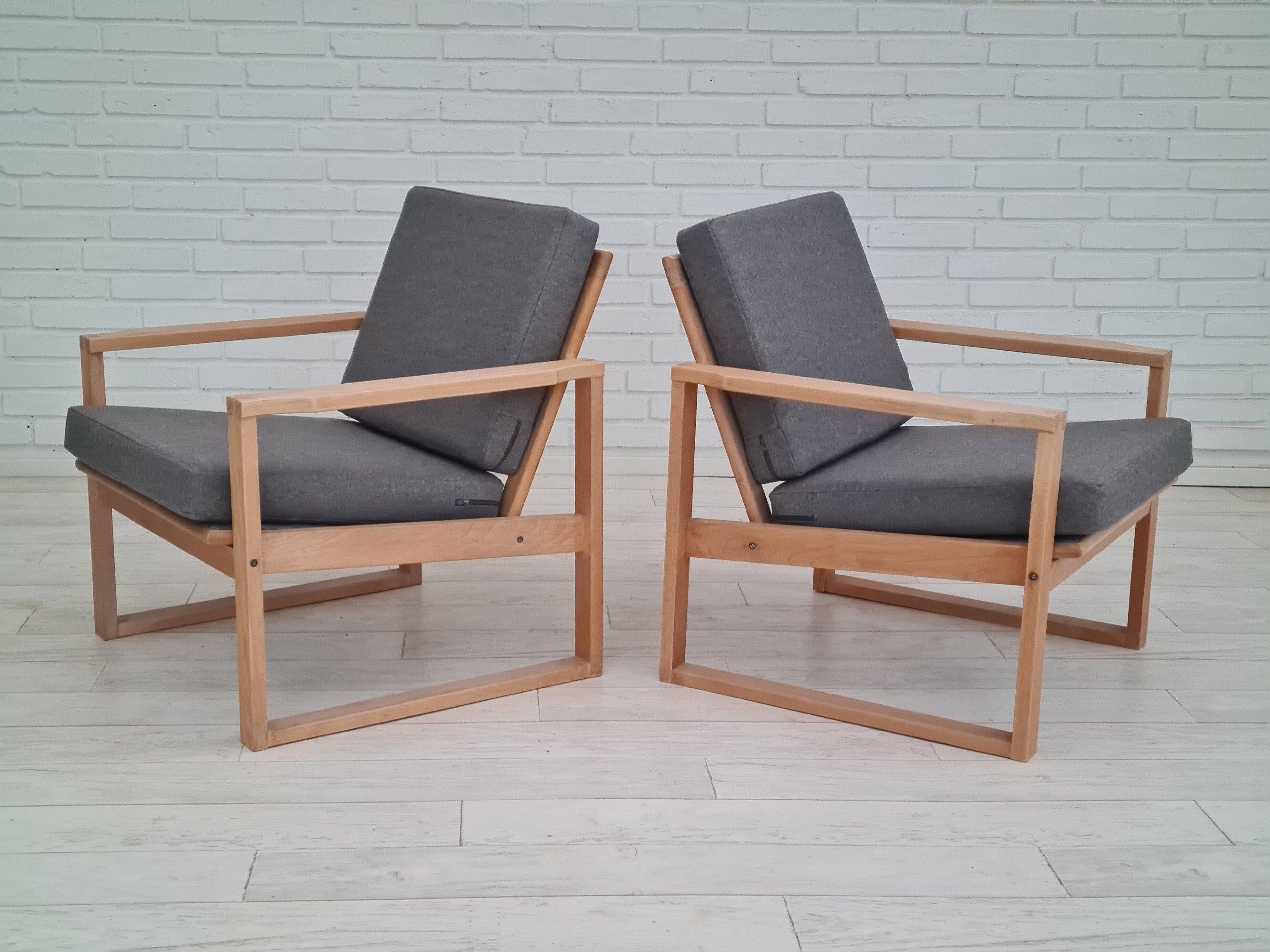 Scandinavian Modern Danish armchairs, 70s, reupholstered, furniture wool, beech wood