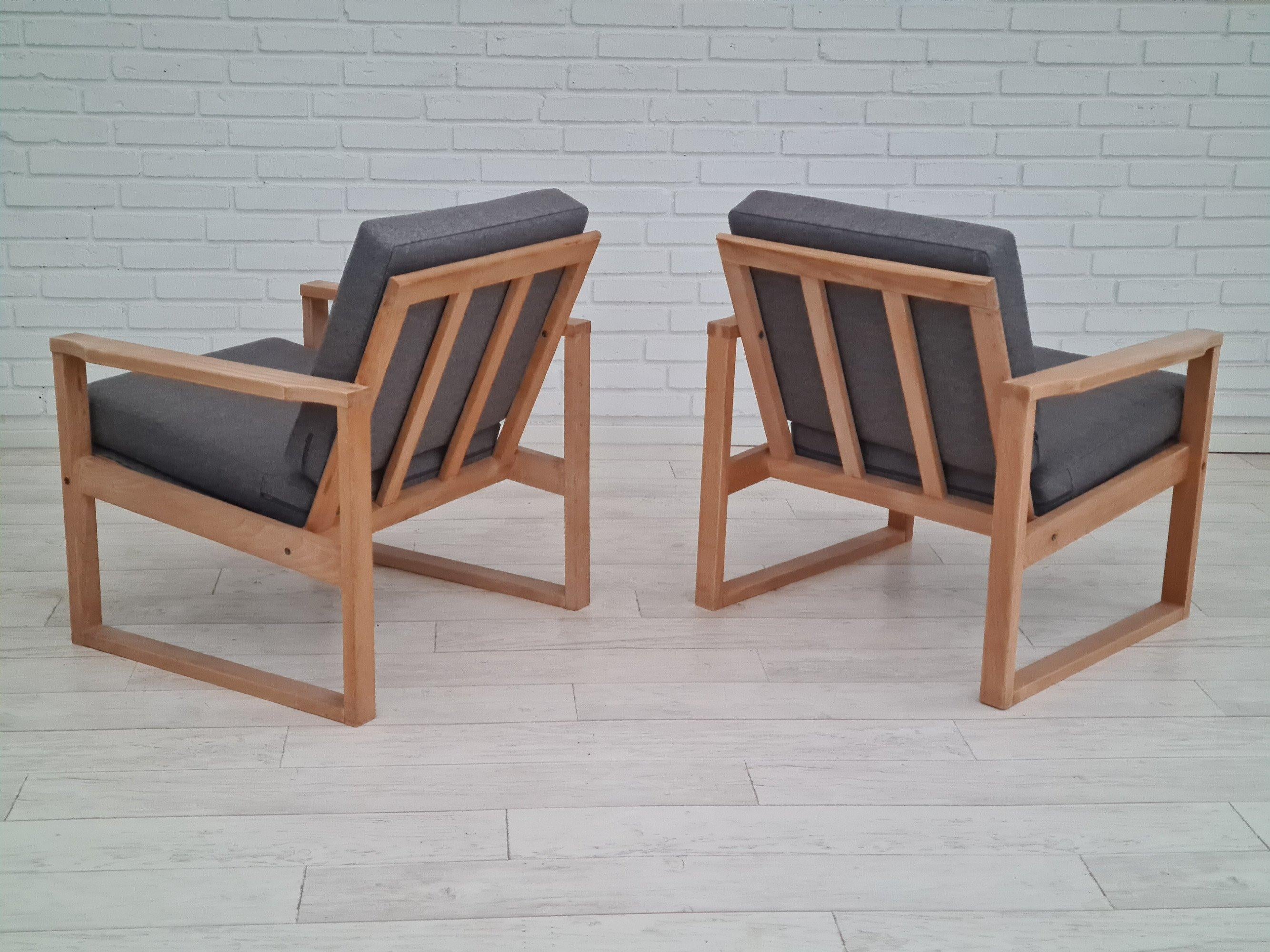 Danish armchairs, 70s, reupholstered, furniture wool, beech wood In Good Condition In Tarm, 82