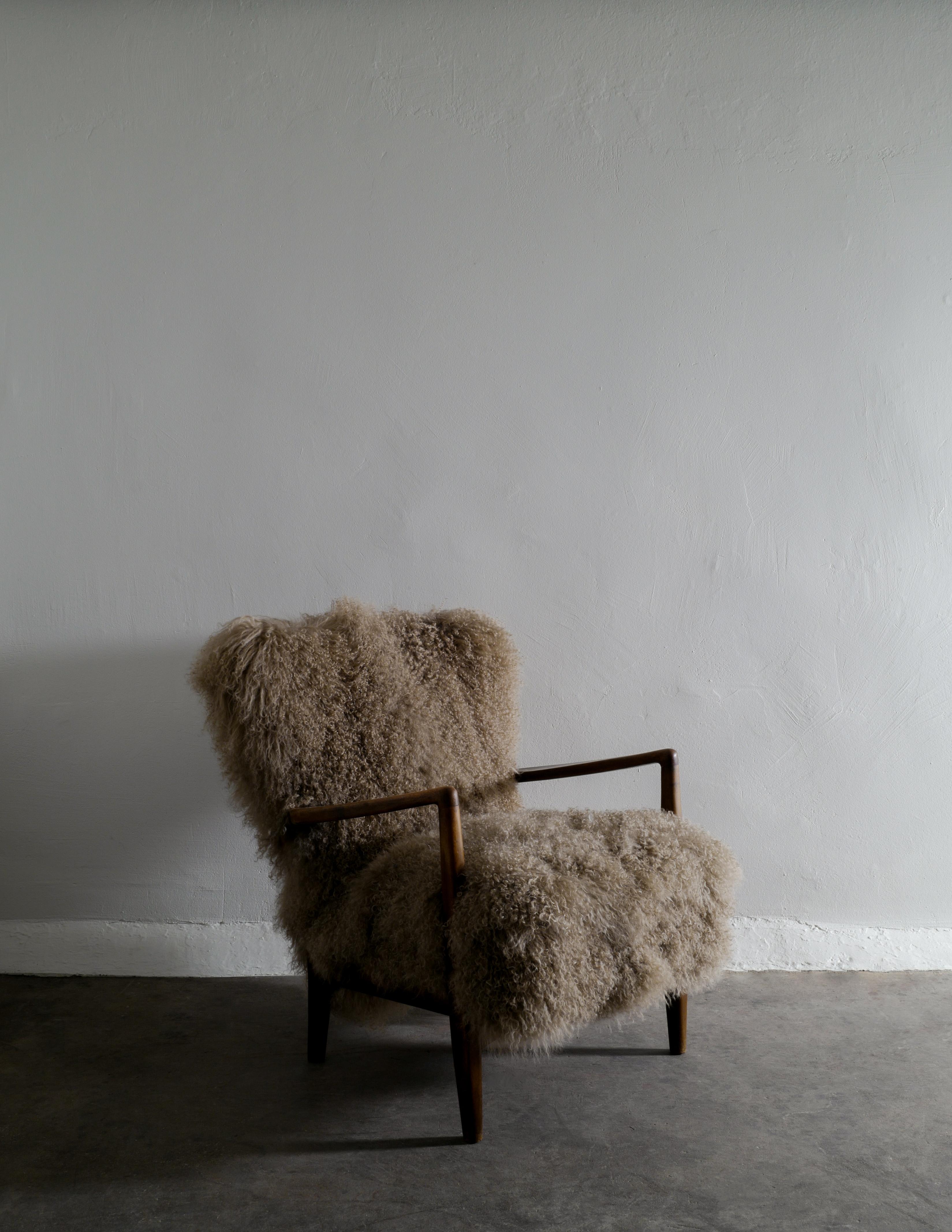 Scandinavian Modern Danish Armchairs by Soren Hansen in Beech with Beige Sheepskin, 1940s