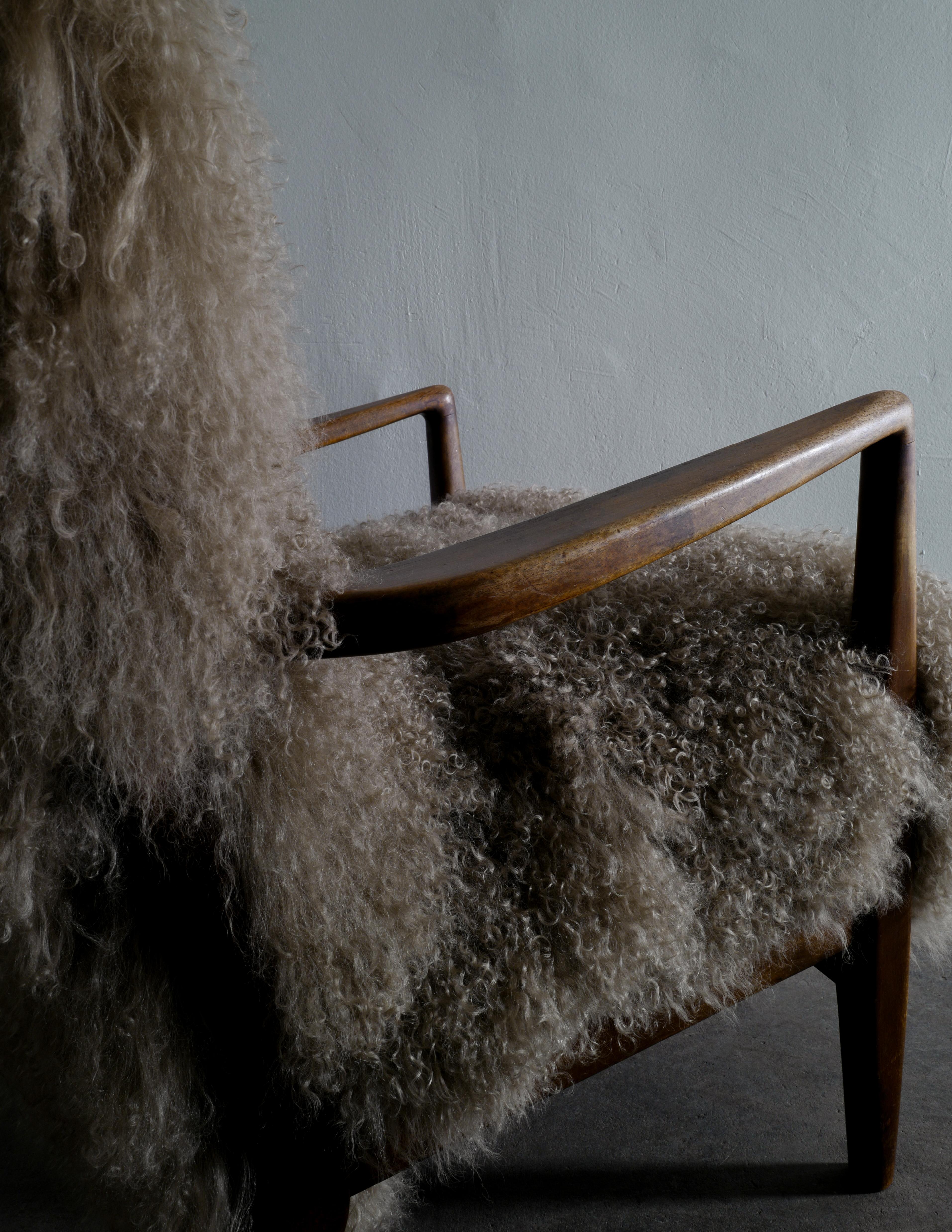 Danish Armchairs by Soren Hansen in Beech with Beige Sheepskin, 1940s 4