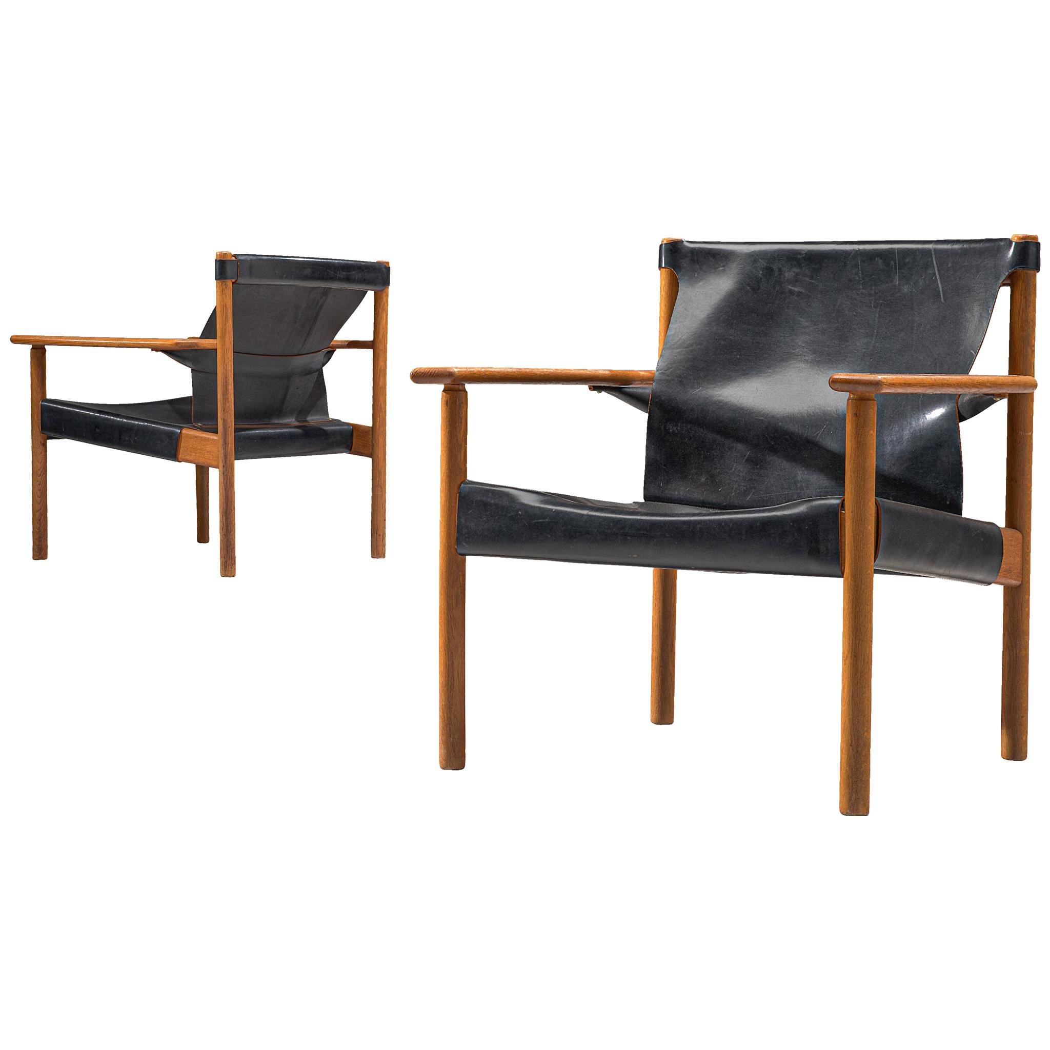 Danish Pair of Armchairs in Black Saddle Leather and Oak
