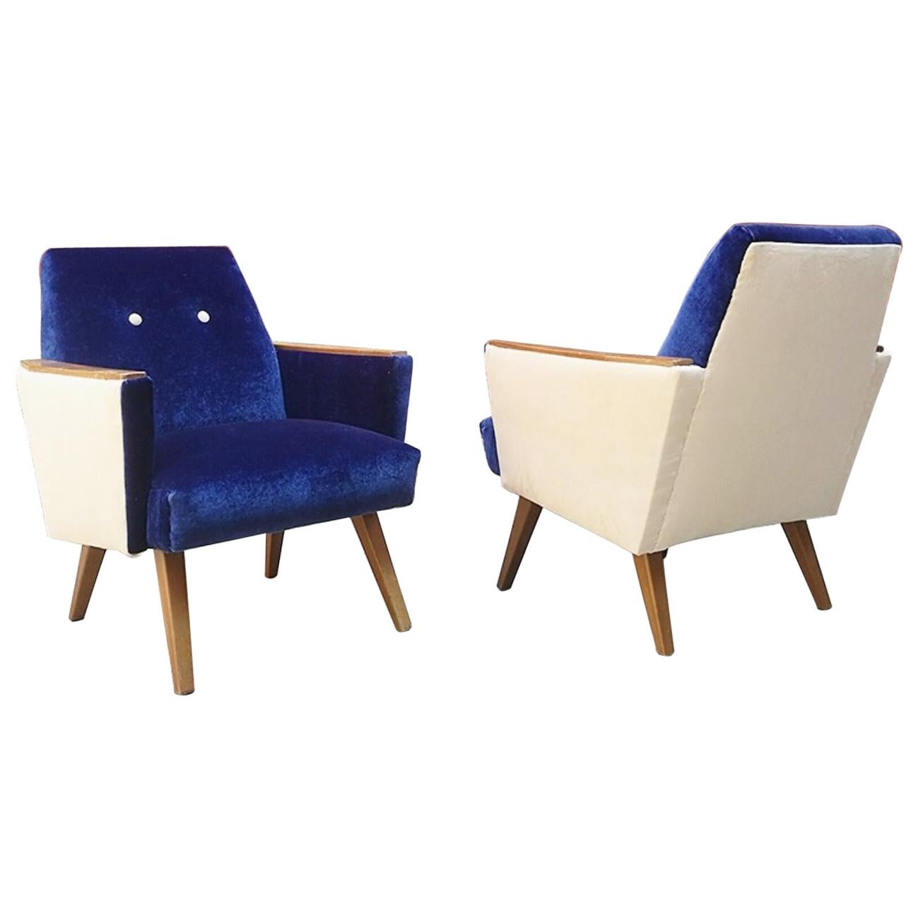 Danish Armchairs in White and Blue Velvet with Wooden Armrests from 1960s