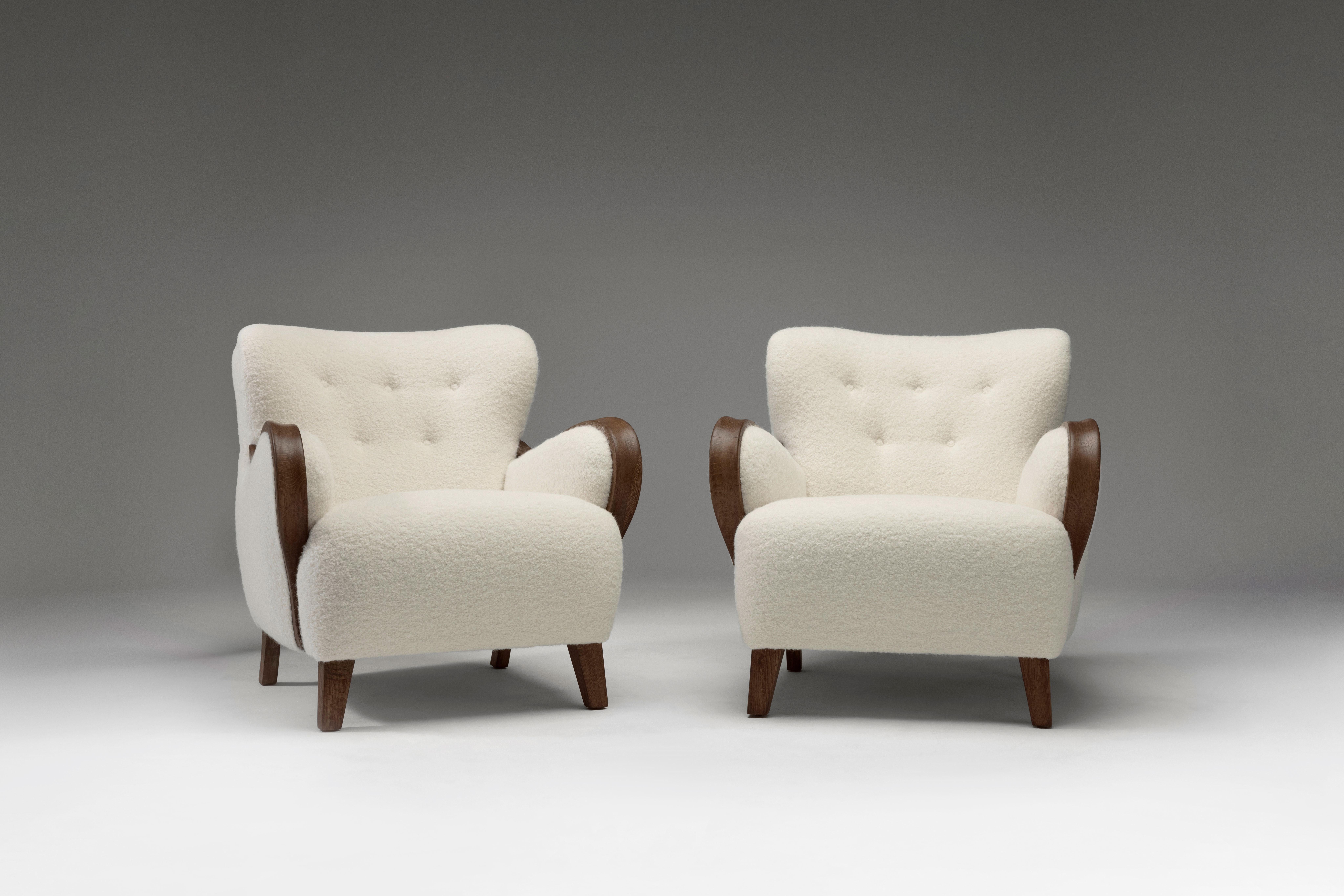 Danish Pair of Lounge Chairs  with Curved Oak Armrests, Denmark, 1940s