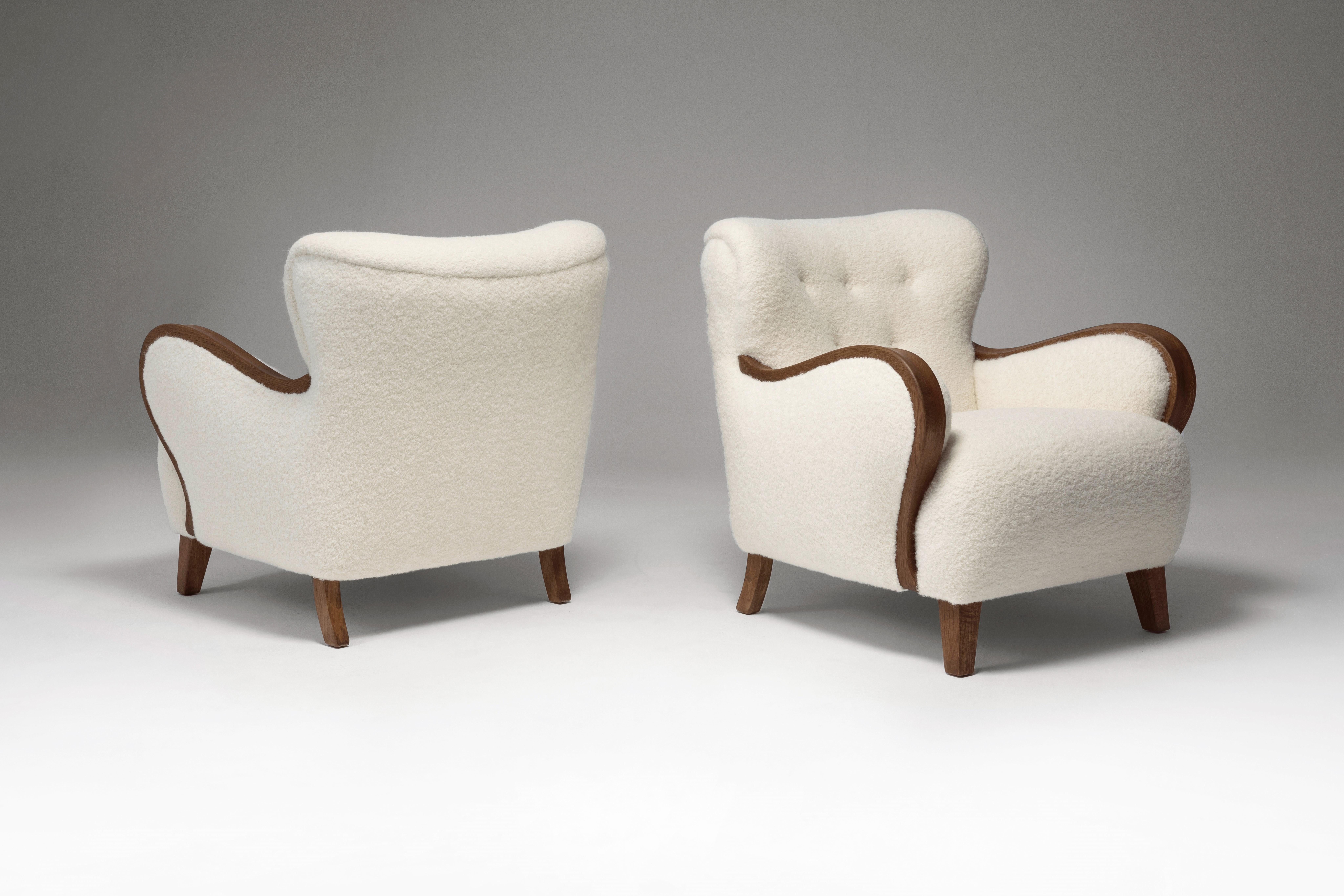Scandinavian Modern Pair of Lounge Chairs  with Curved Oak Armrests, Denmark, 1940s