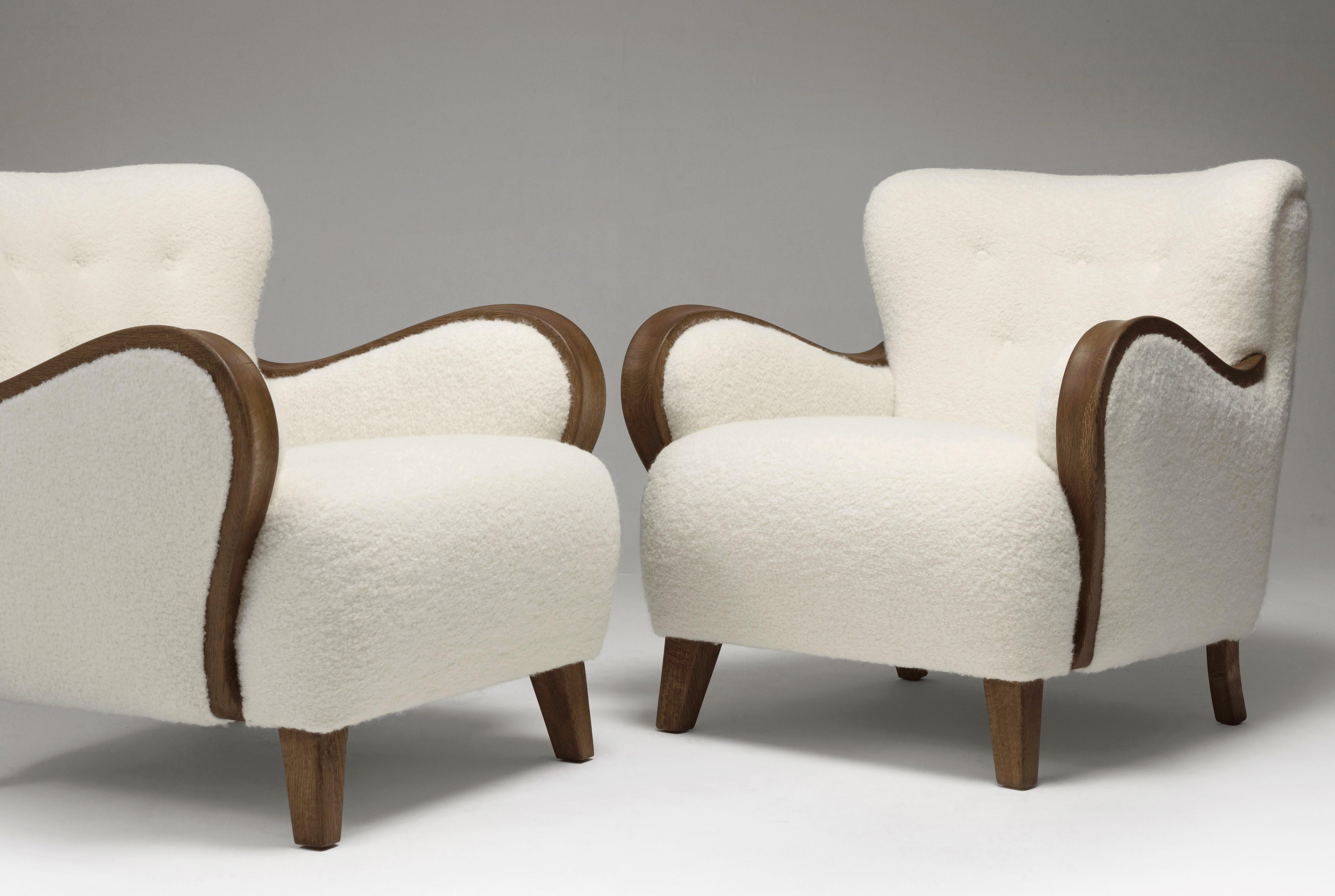 Pair of Lounge Chairs  with Curved Oak Armrests, Denmark, 1940s 1