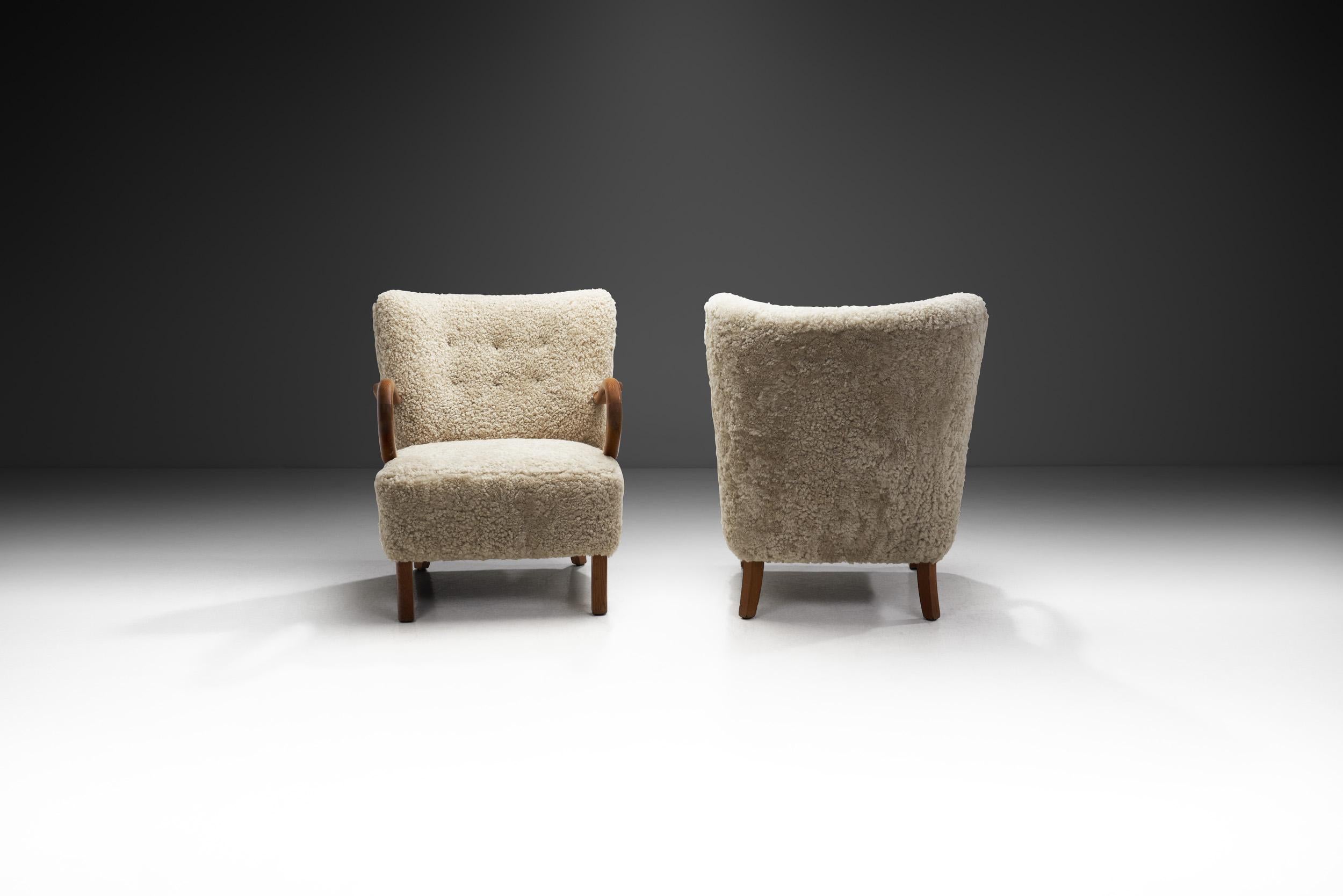 Mid-20th Century Danish Armchairs with Sculptural Oak Arms, Denmark, 1950s