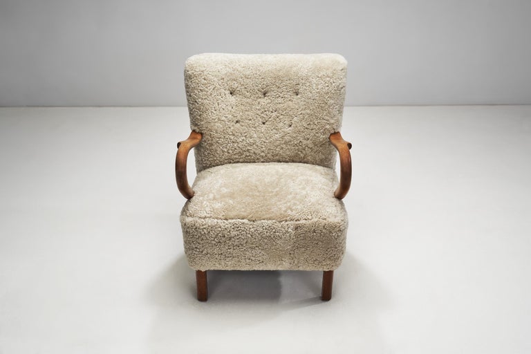 Fabric Danish Armchairs with Sculptural Oak Arms, Denmark, 1950s