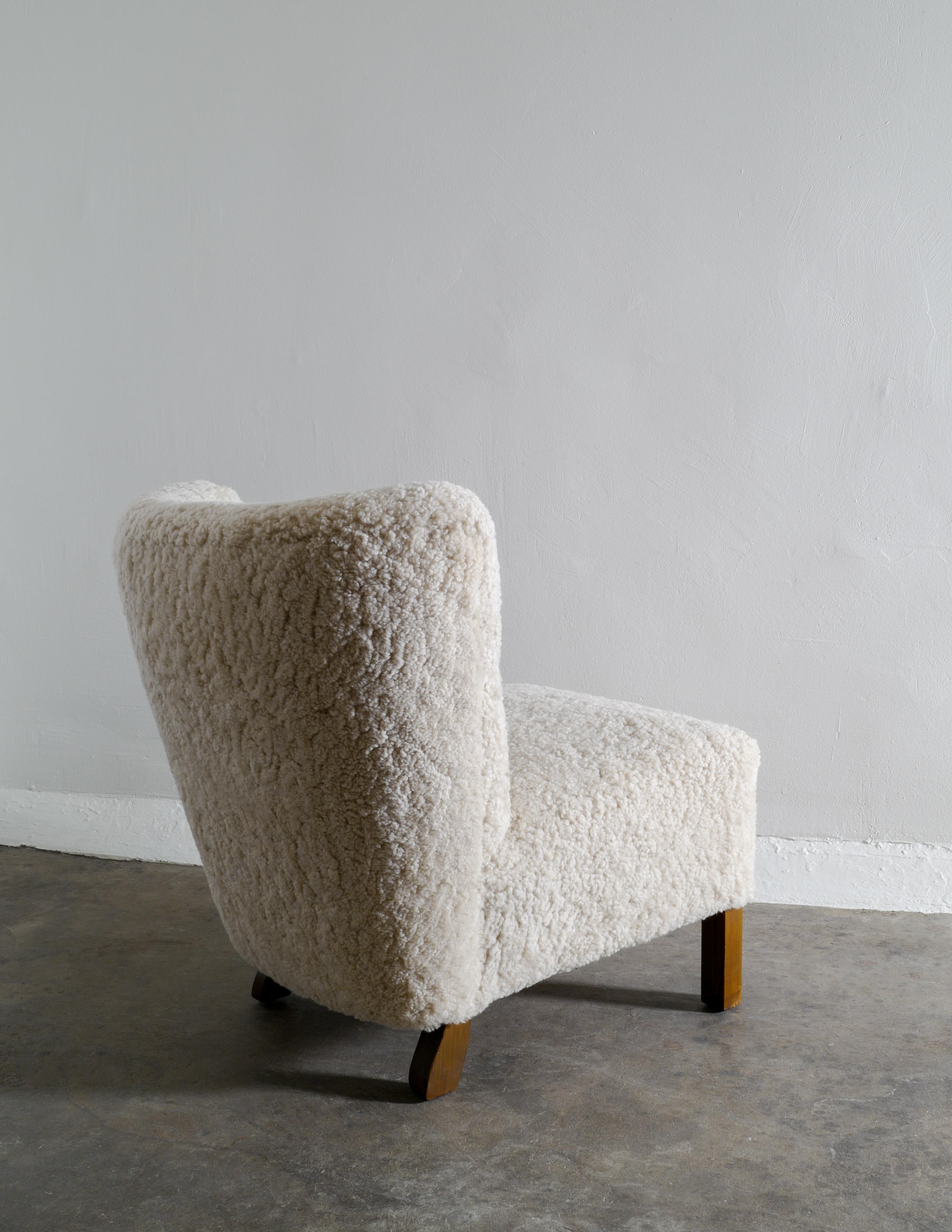 Danish Armless Easy Lounge Chair in Sheepskin Produced in Denmark 1940s 3