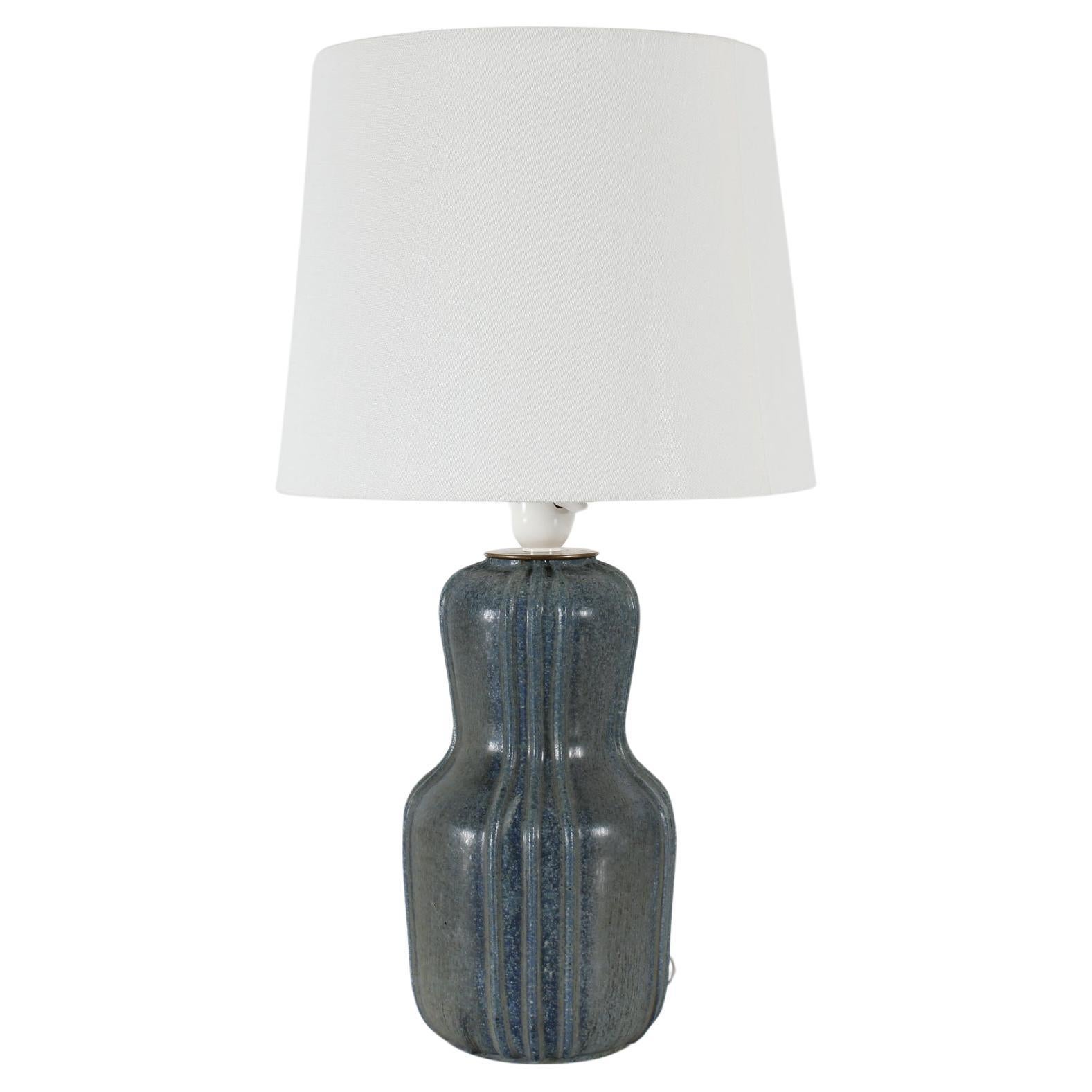 Danish Arne Bang Art Deco Fluted Stoneware Table Lamp Blue Green Glaze, 1930s