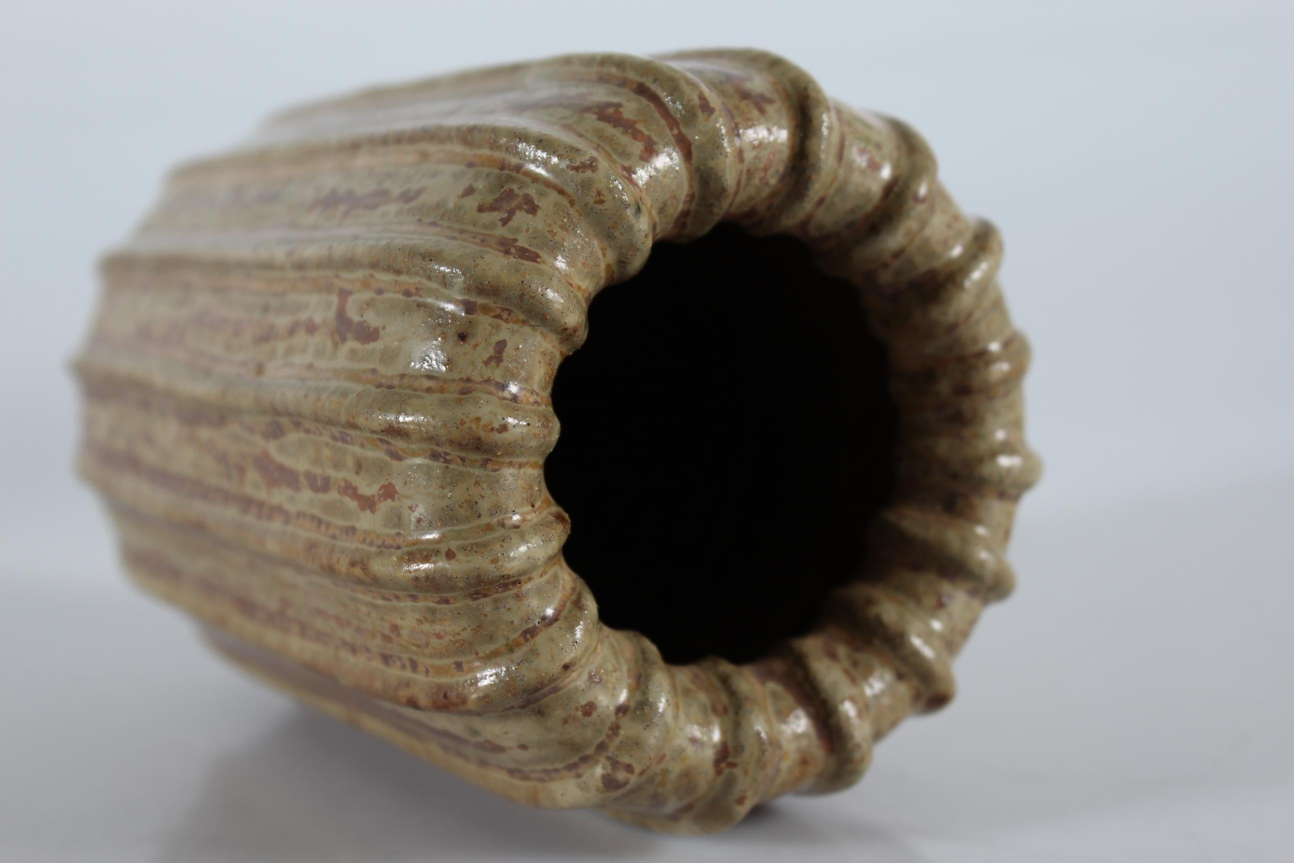 20th Century Danish Arne Bang Art Deco Fluted Stoneware Vase Brown Speckled Glaze, 1930s For Sale