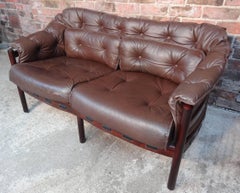 Dänisches Sven Ellekear für Coja Brown Vintage Retro 1960's Zweisitzer Ledersofa