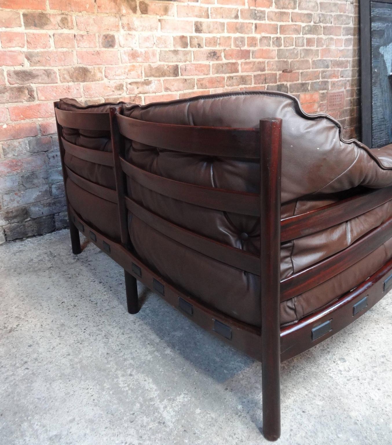 Danish Sven Ellekear for Coja Brown Vintage Retro 1960's Two Seater Leather Sofa In Good Condition For Sale In Markington, GB