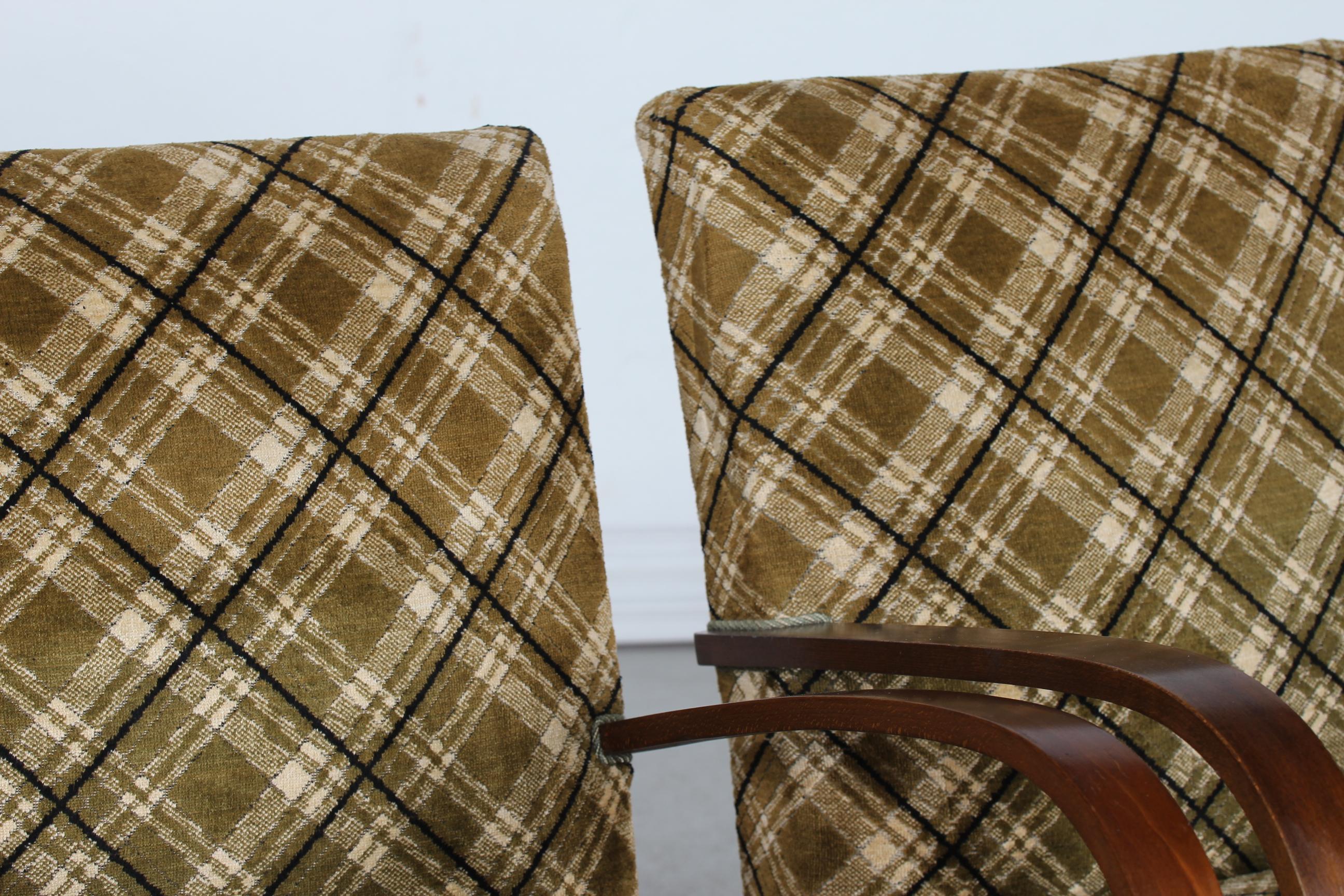Stained Danish Art Deco 2 Club Chairs Almost Identical of Dark Wood and Velour, 1940s For Sale