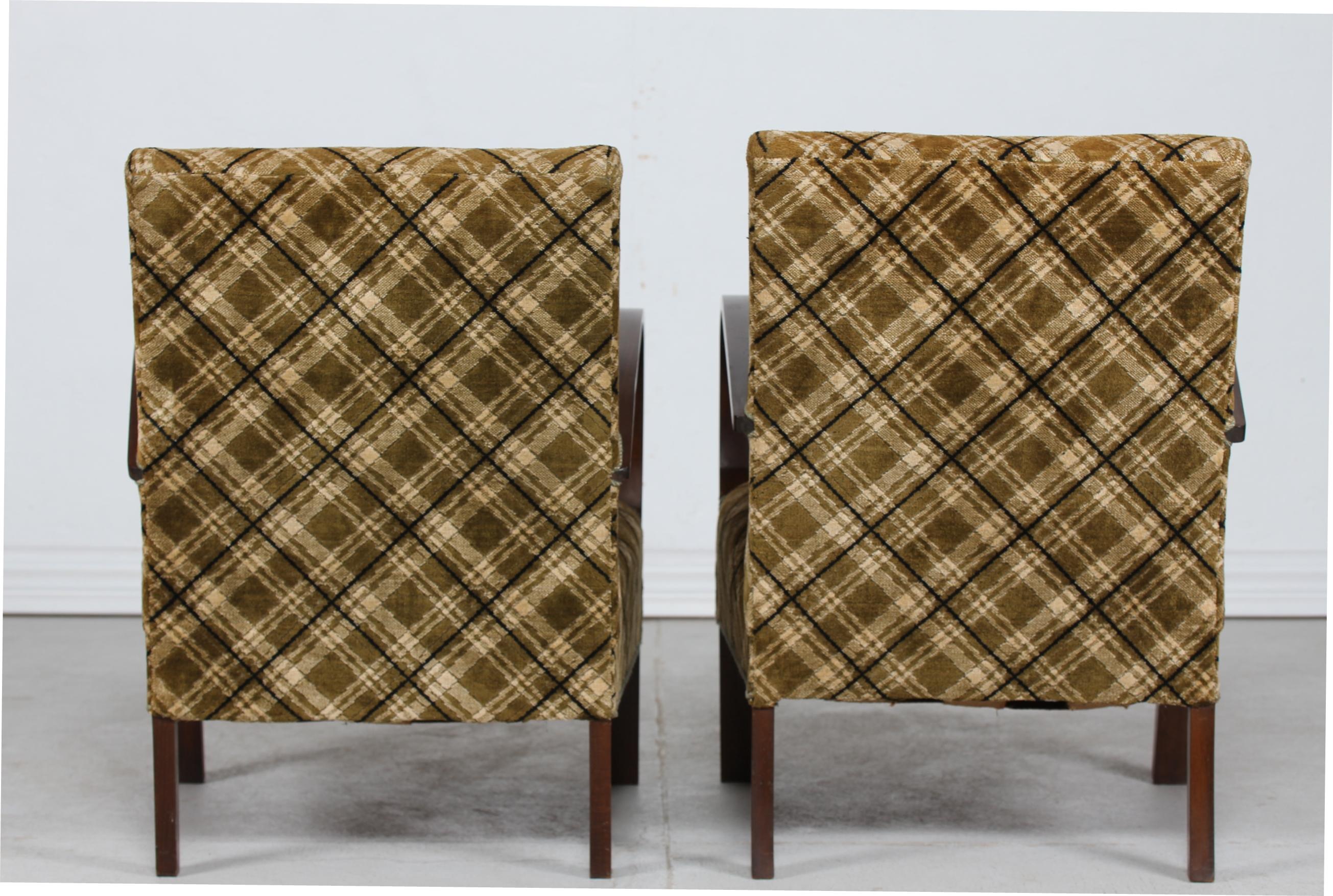 20th Century Danish Art Deco 2 Club Chairs Almost Identical of Dark Wood and Velour, 1940s For Sale