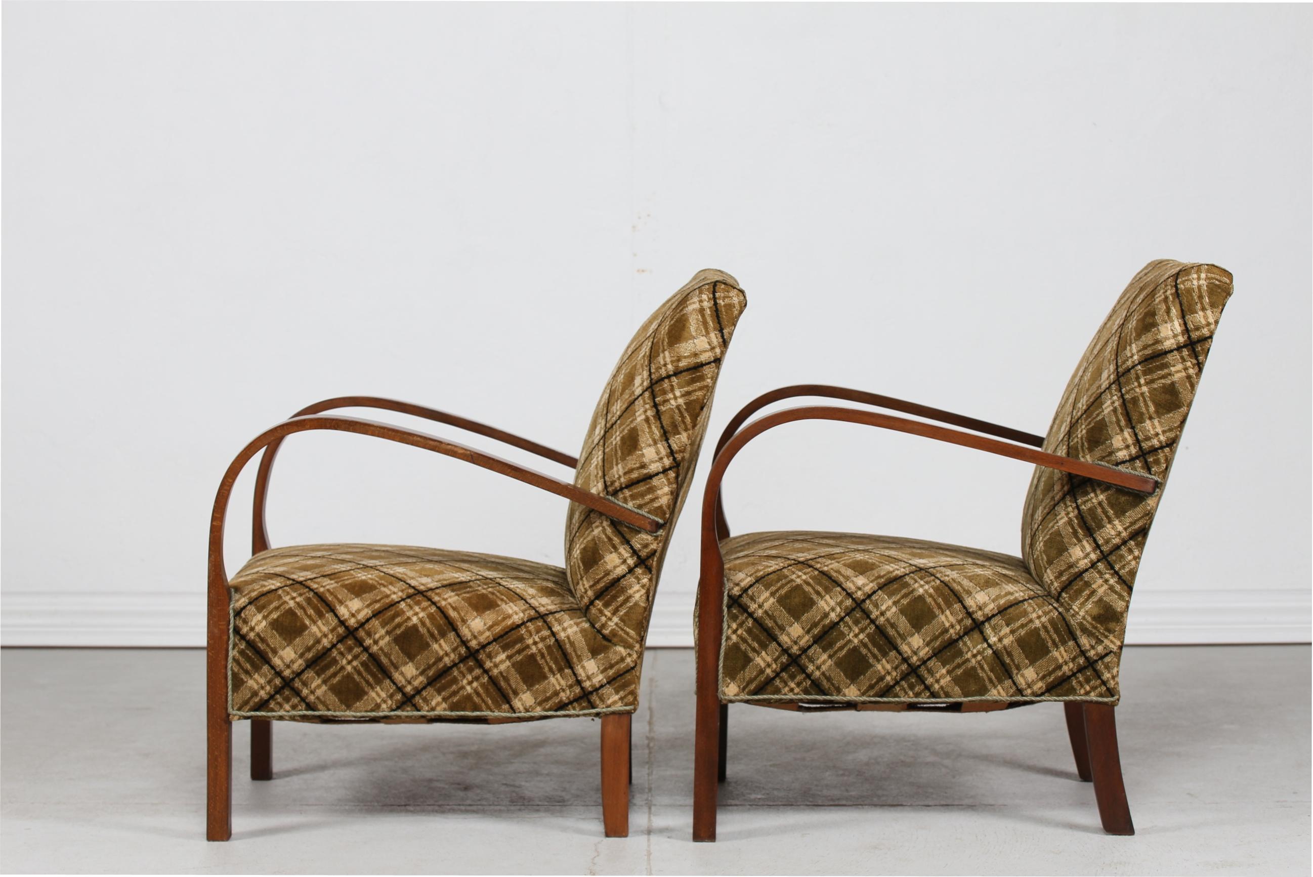 Velvet Danish Art Deco 2 Club Chairs Almost Identical of Dark Wood and Velour, 1940s For Sale