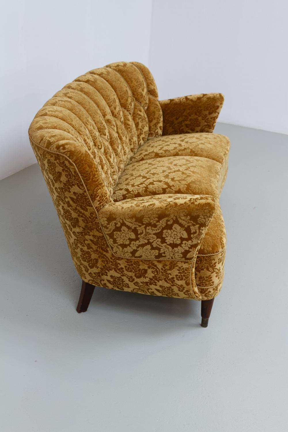 Danish Art Deco 3-Seater Banana Sofa in Golden Yellow Velvet, 1940s. 1