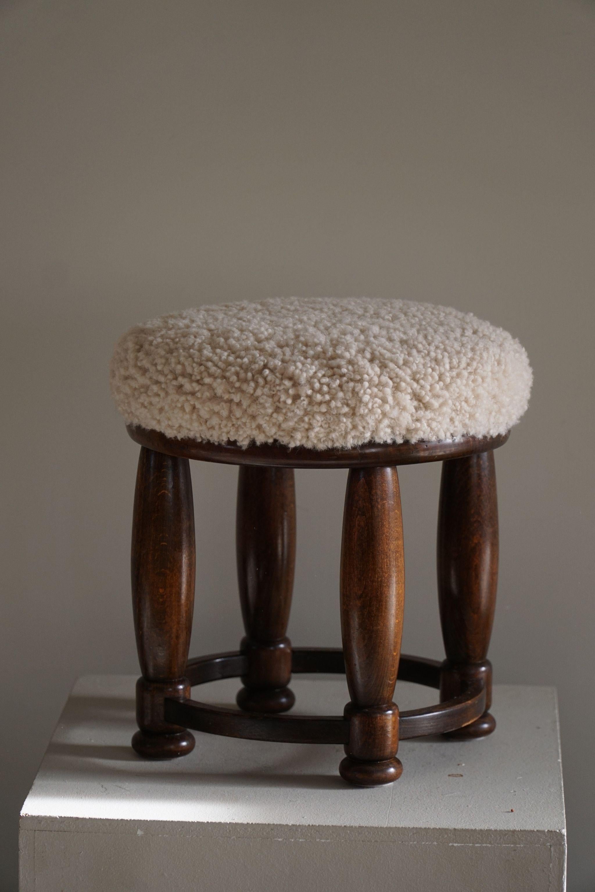 Danish Art Deco, A Round Footstool, Reupholstered Seat in Lambswool, 1940s 4