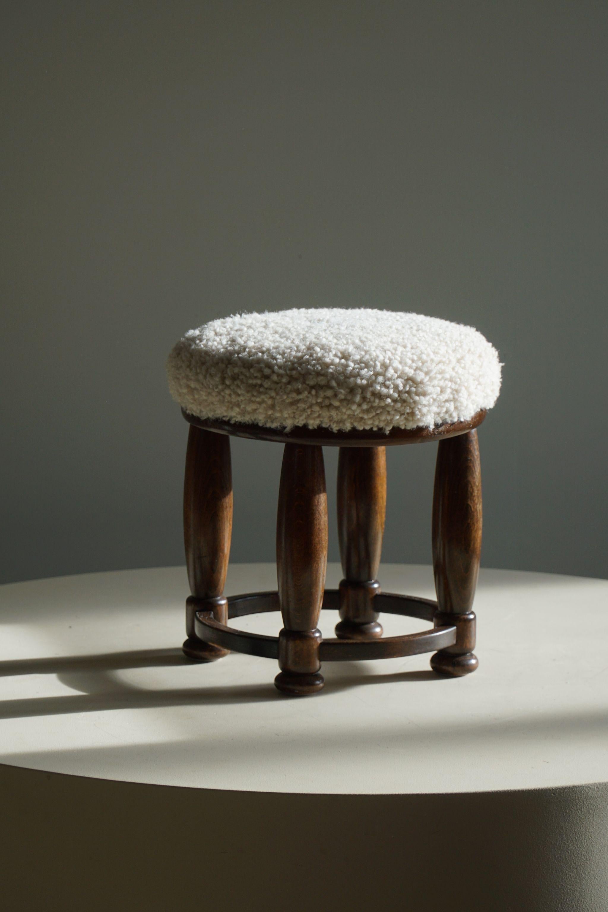 Danish Art Deco, A Round Footstool, Reupholstered Seat in Lambswool, 1940s 6