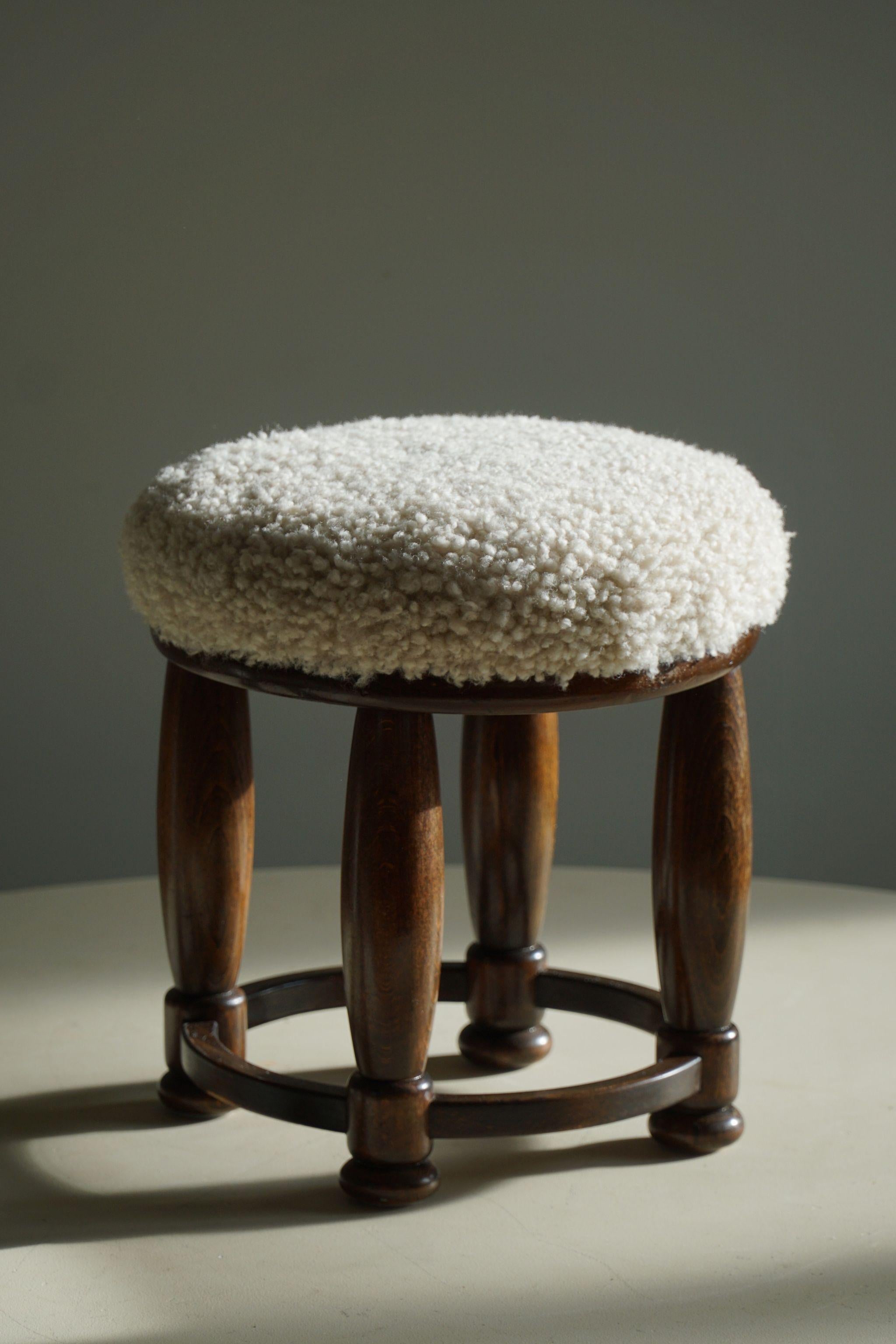 Danish Art Deco, A Round Footstool, Reupholstered Seat in Lambswool, 1940s For Sale 2