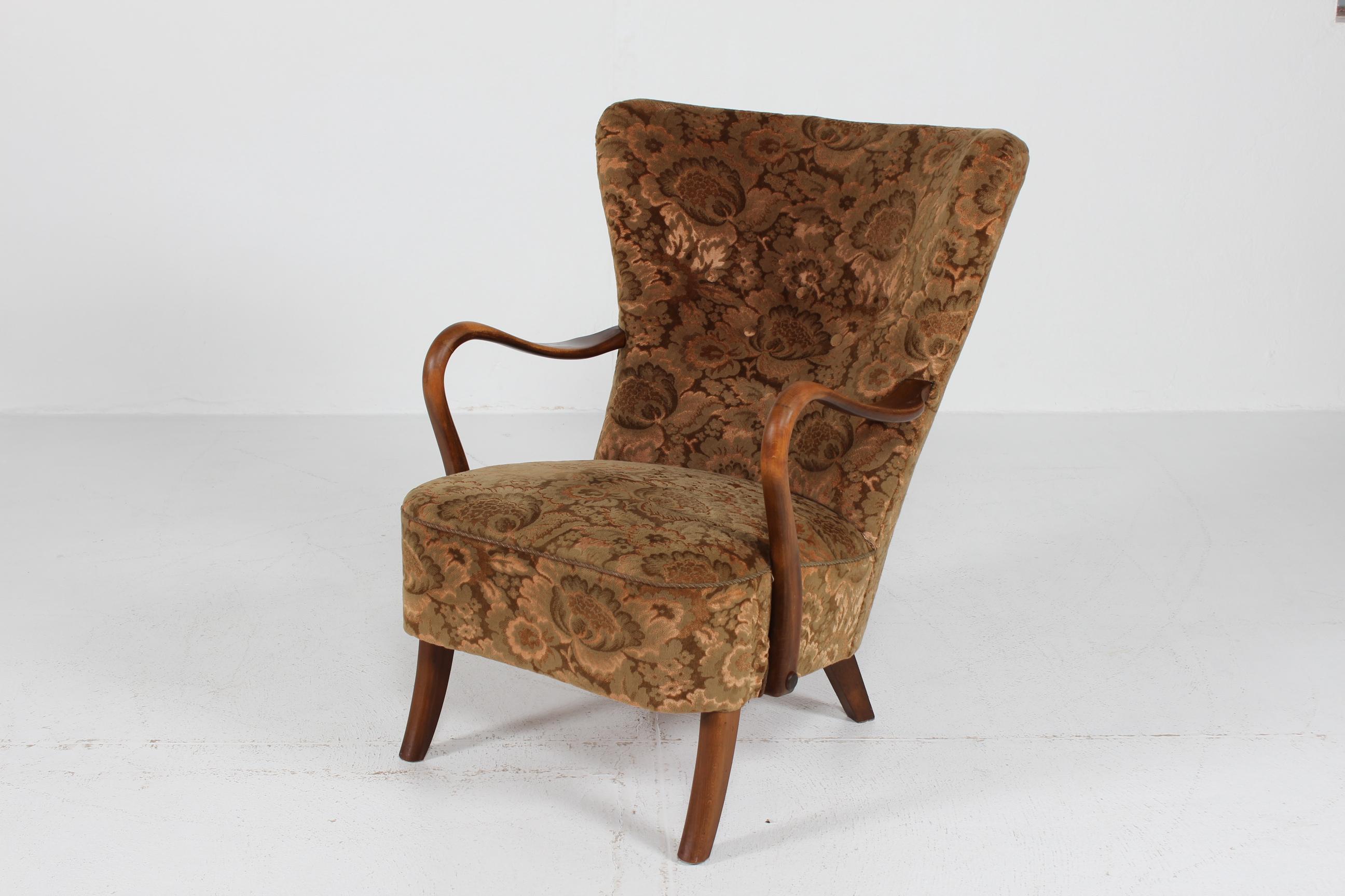 Art Déco Sedia da salotto danese Art Deco Alfred Christensen con velluto floreale anni '40 in vendita