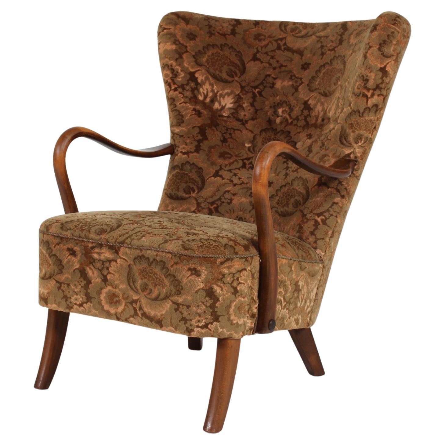 Danish Art Deco Alfred Christensen Lounge Chair with Floral Velvet 1940s