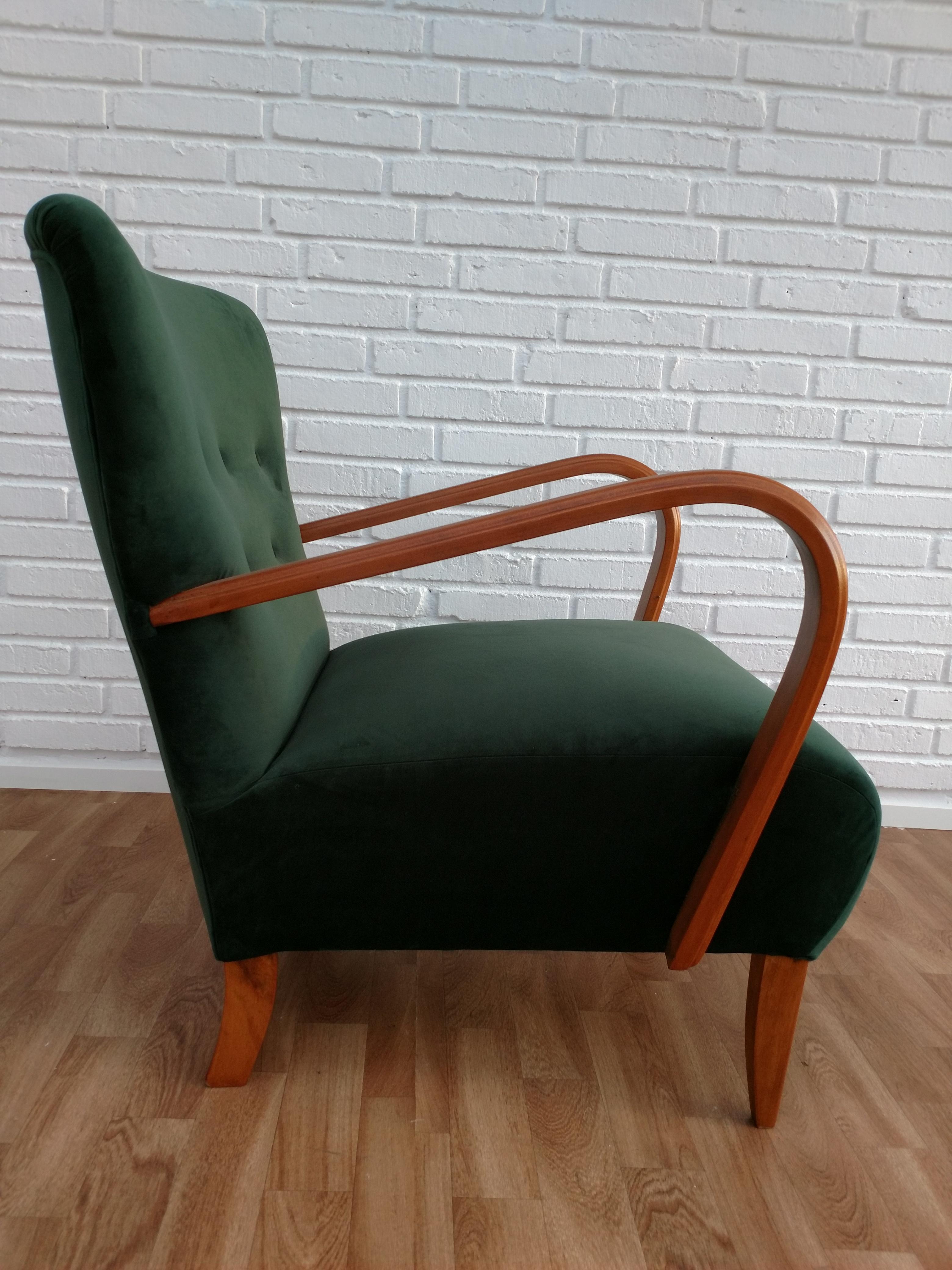 Stained Danish Art Deco Armchair, Velour, 1950s, Completely Restored For Sale