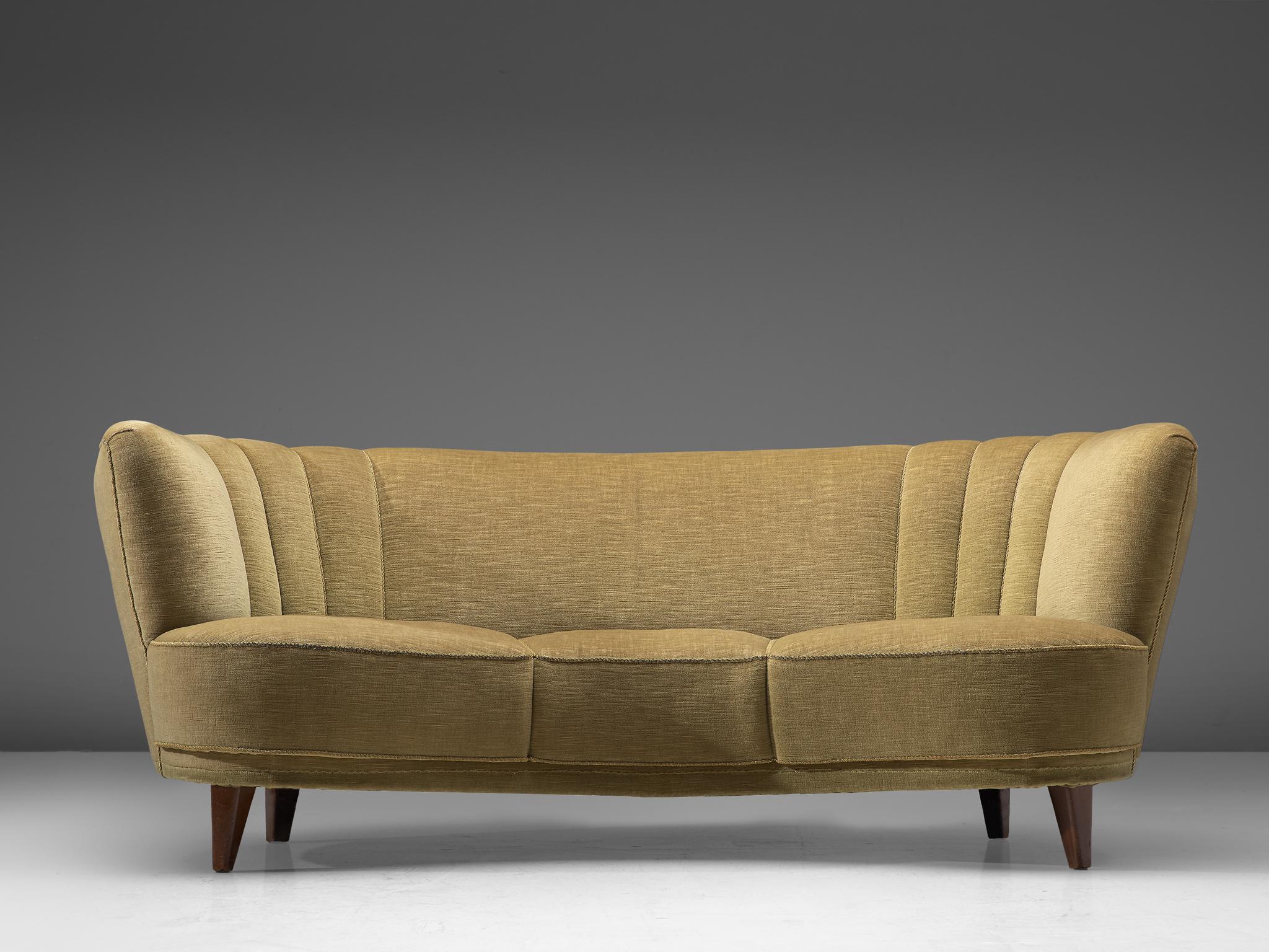 Mid-Century Modern Danish Art Deco 'Banana' Settee with Olive Green Velours