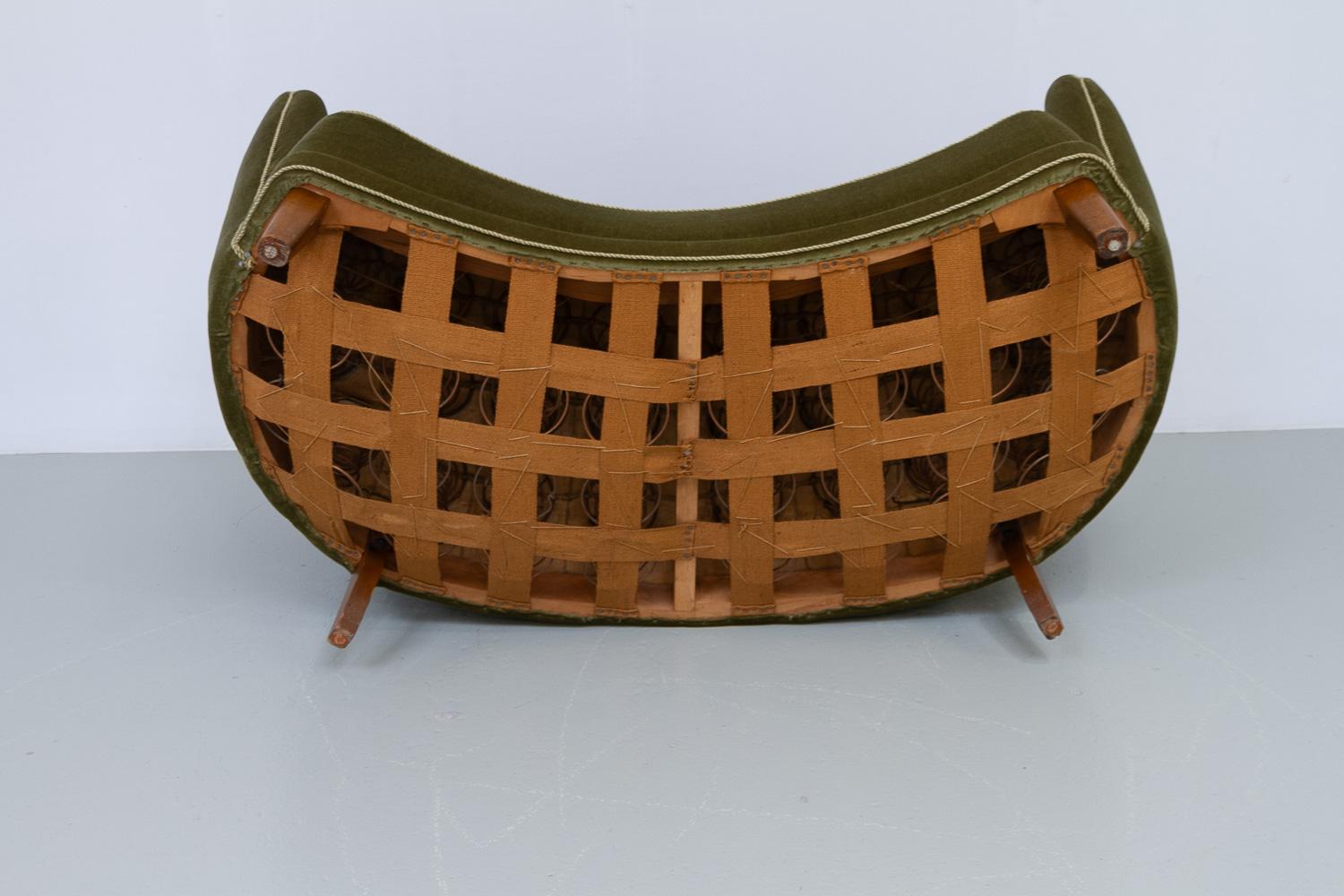 Danish Art Deco Banana Sofa in Green Velvet, 1940s. 13