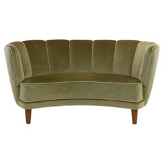 Danish Art Deco Banana Sofa in Green Velvet, 1940s.