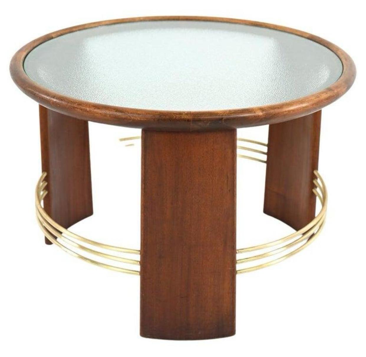 Danish Art Deco Beech Wood, Brass and Pebbled Glass Coffee Table.  In Good Condition For Sale In Chicago, IL