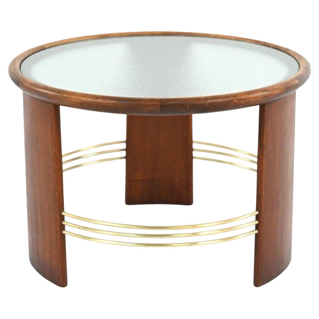 Table basse Art déco danoise en bois de hêtre, laiton et verre bullé 