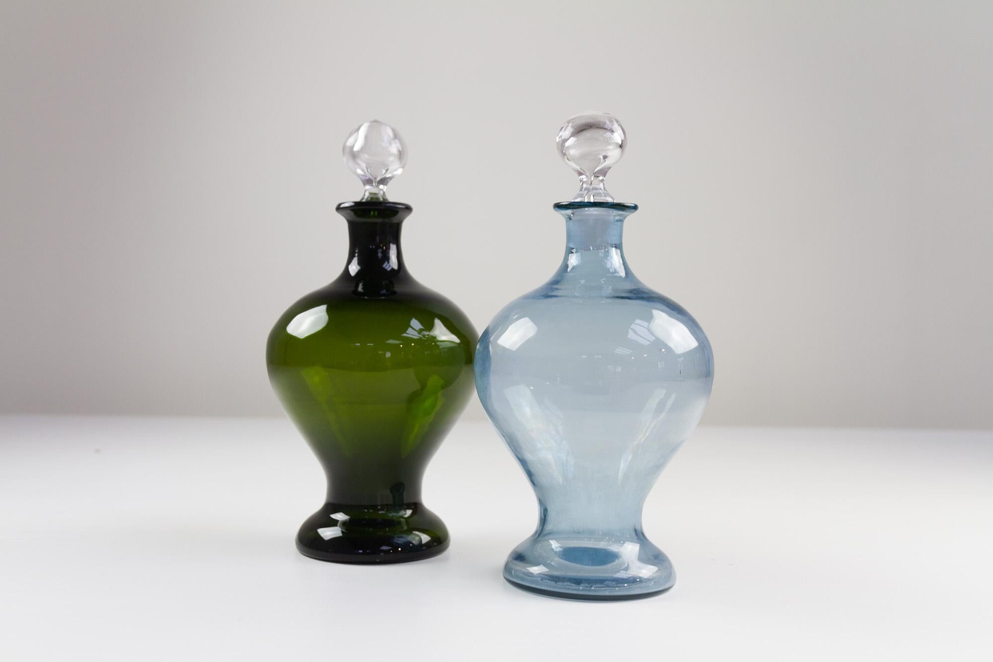 Danish Art Deco Blue and Green Glass Decanters, 1930s, Set of 2 For Sale 9