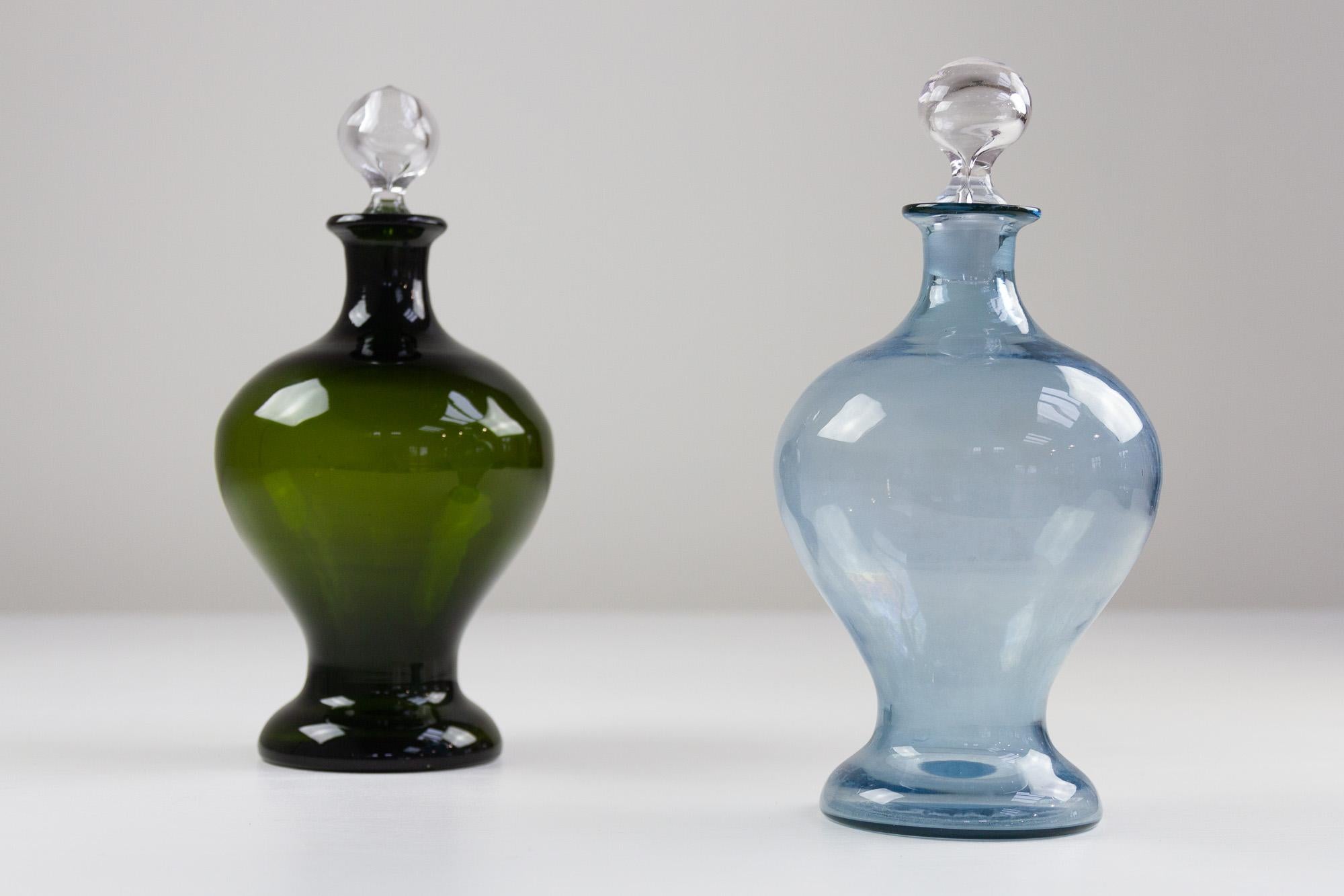 Danish Art Deco Blue and Green Glass Decanters, 1930s, Set of 2 For Sale 12