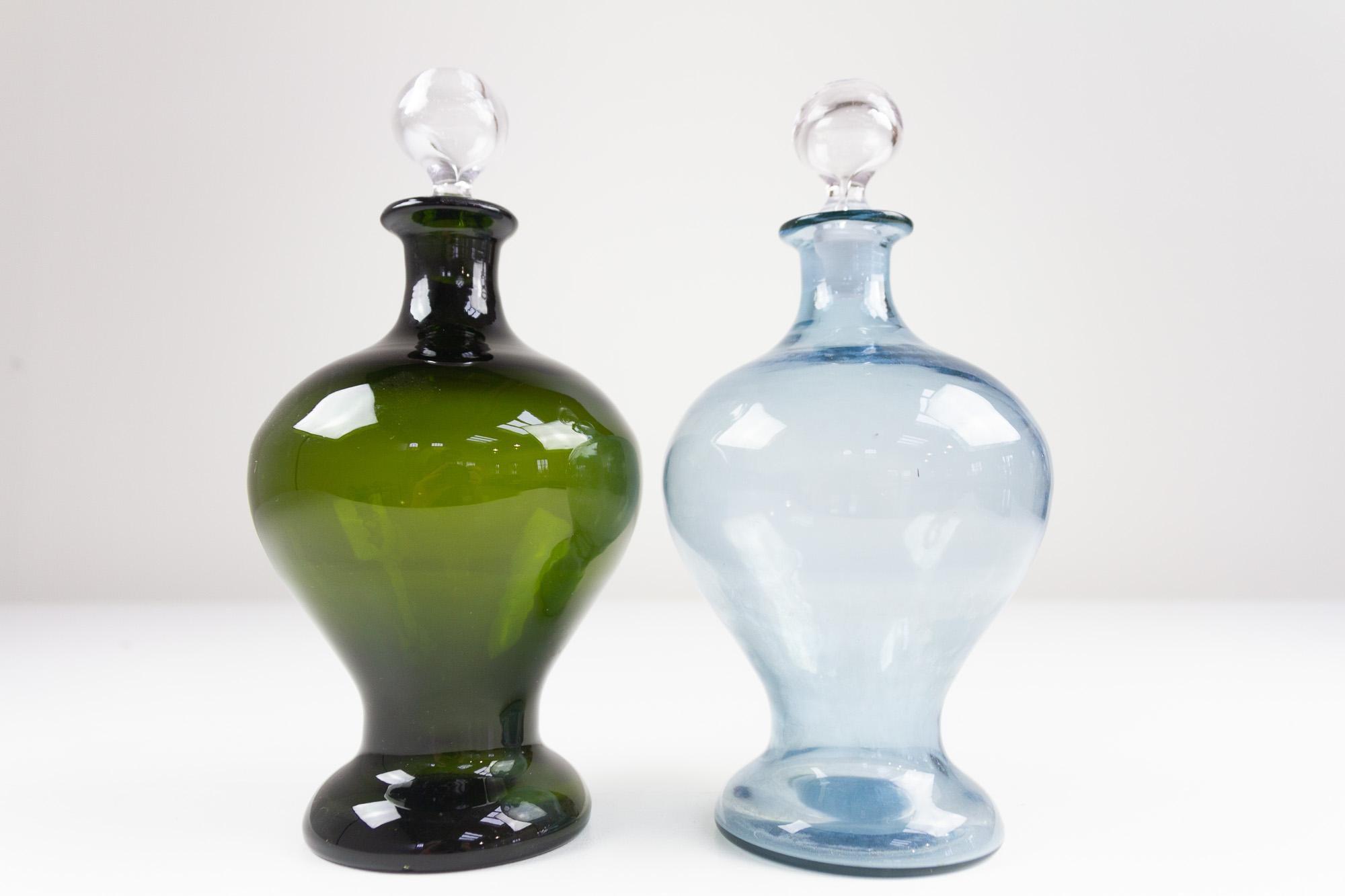Blown Glass Danish Art Deco Blue and Green Glass Decanters, 1930s, Set of 2 For Sale
